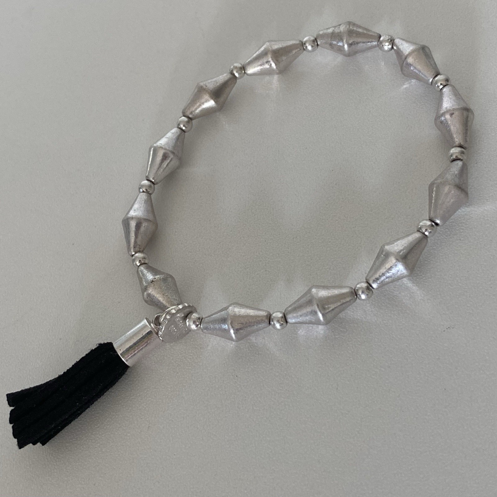 Marlyn Schiff Bracelet Sliver Tone Black Tassel Signed Needs Beaded Geometric