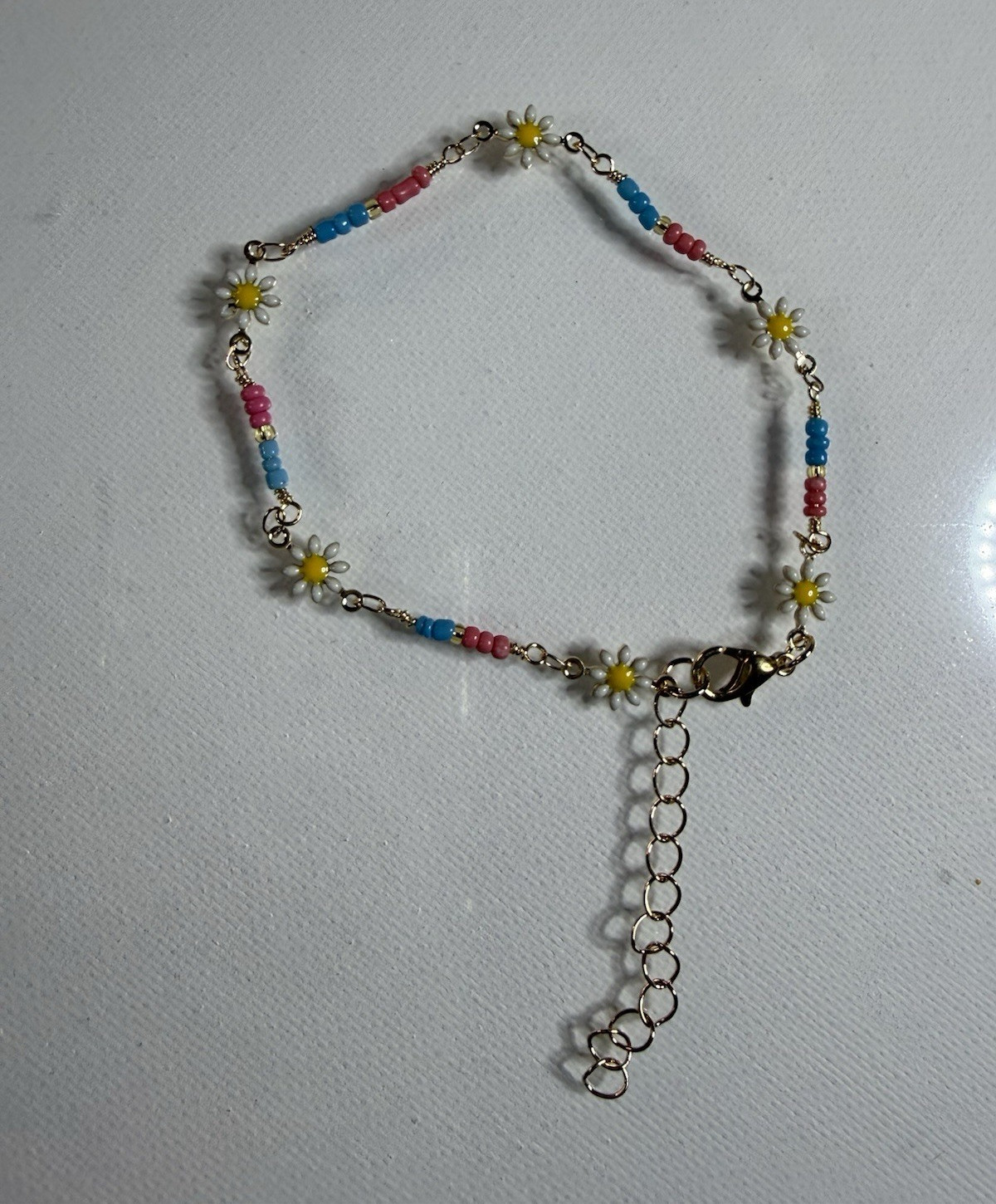 Beaded Cable Chain Anklet Flower Charm, Adjustable Lobster Clasp