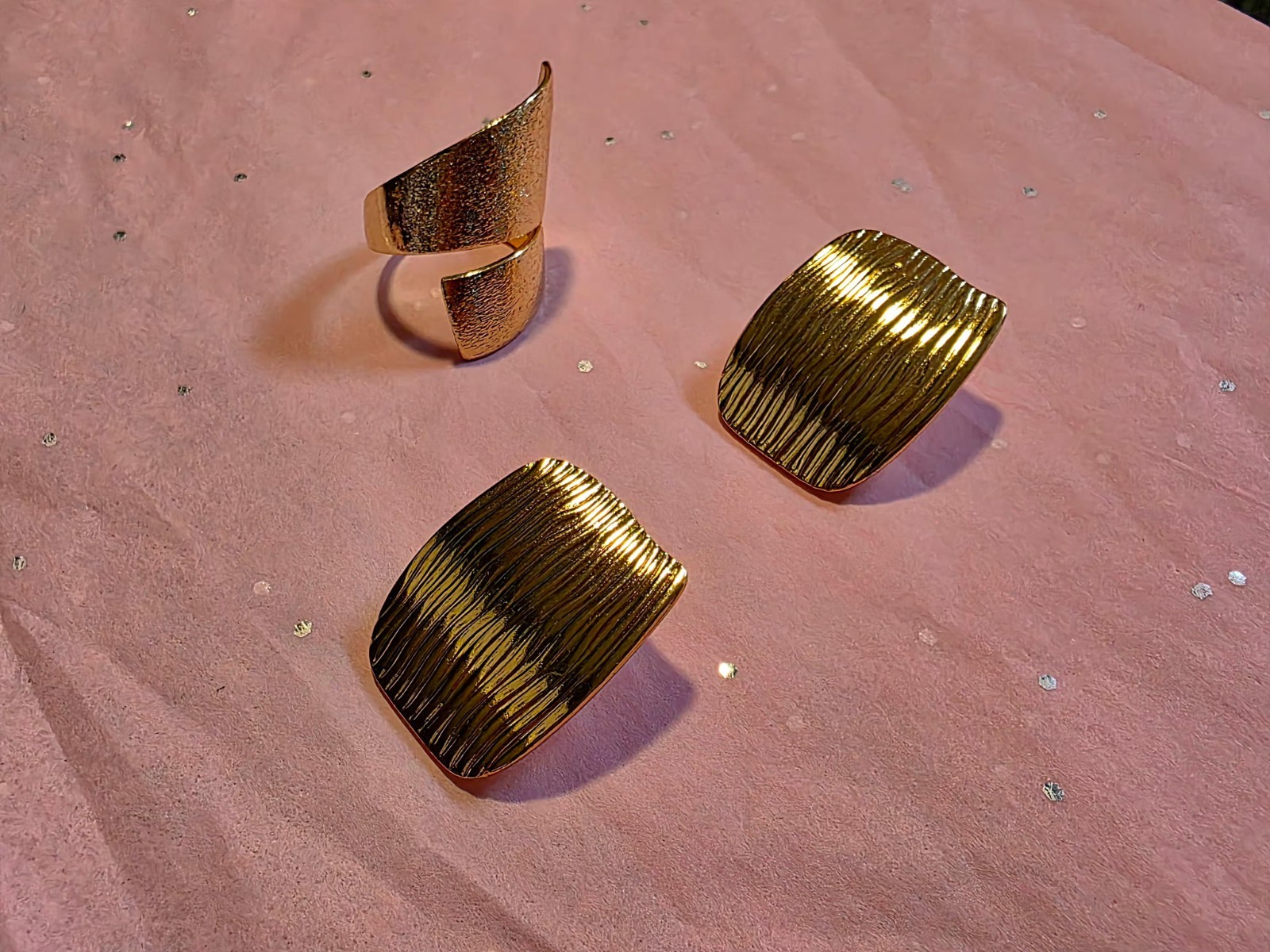 Gold Stainless Steel Textured Earrings and Ring Set.
