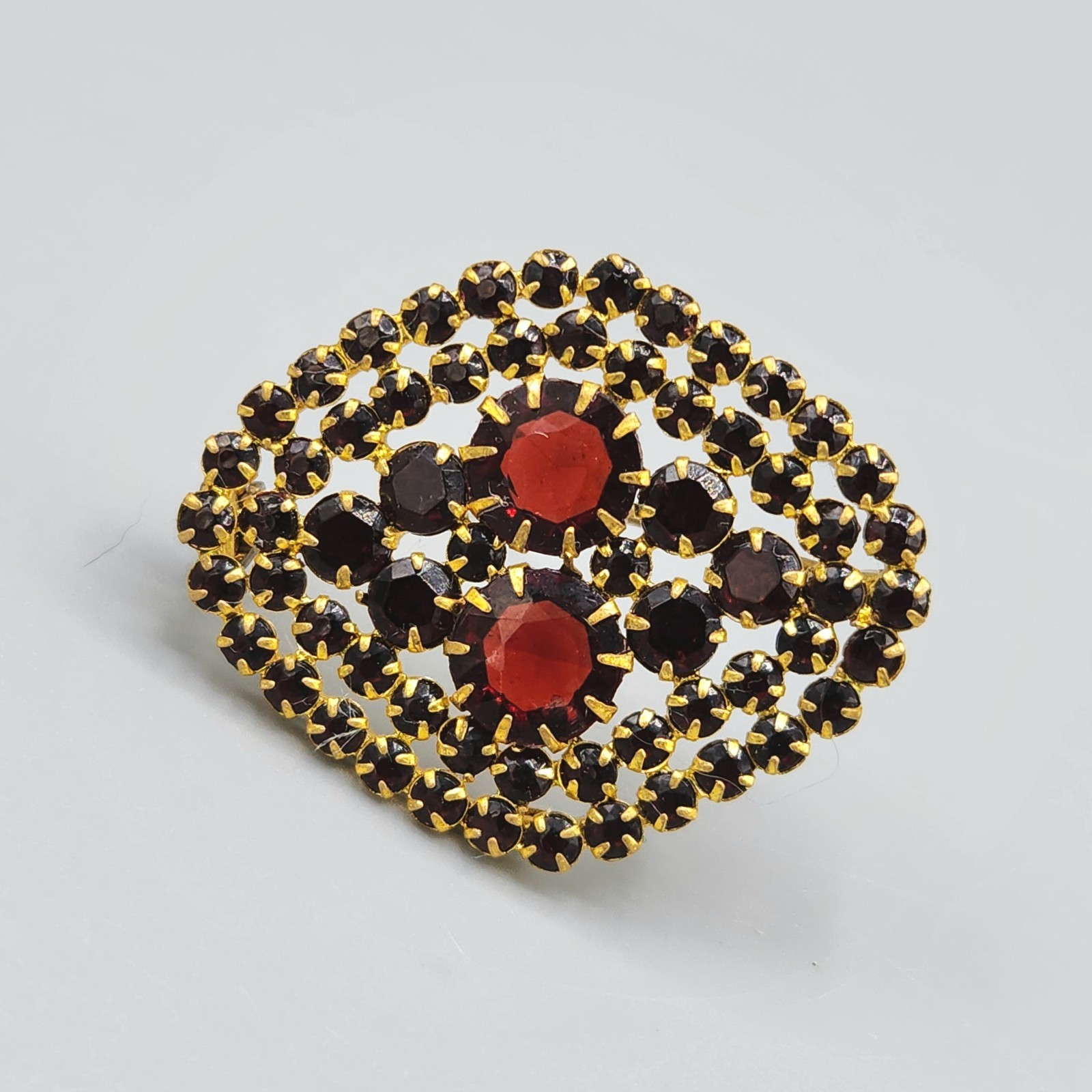 Vintage Art Deco Nouveau Czech Red Garnet Glass Gilt Brooch