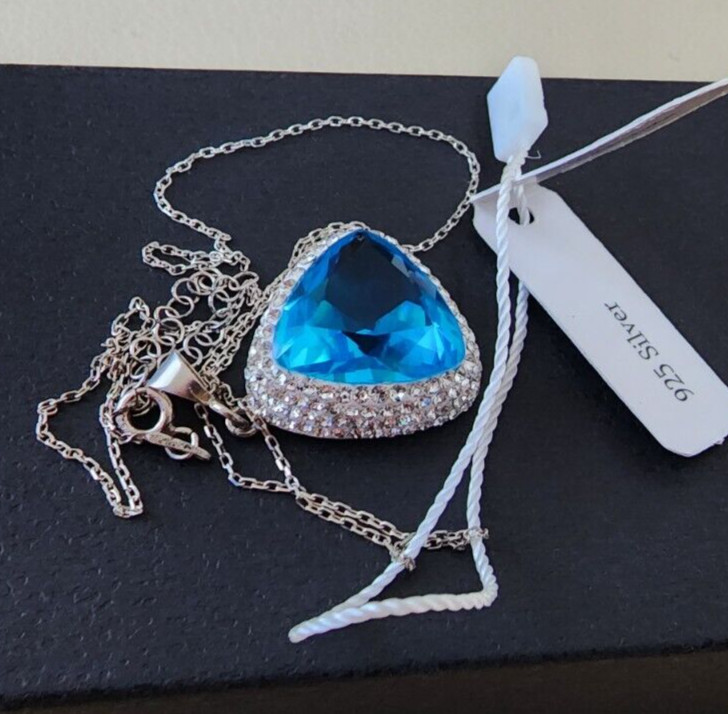 Large Triangular 1.5 in Pendant Pave CZ 925 Silver Blue White Crystal Turkey NW