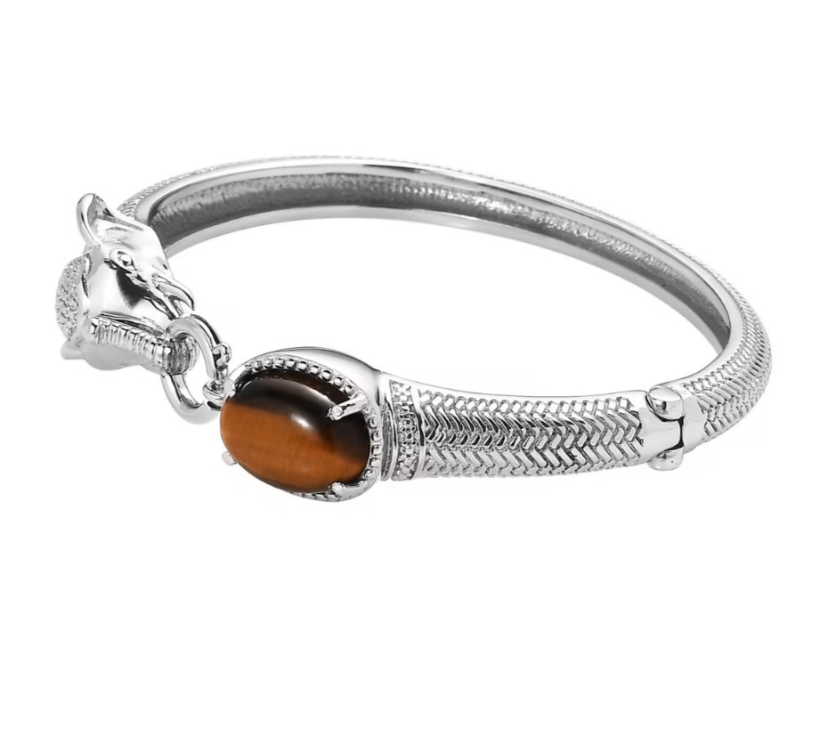 Tigers Eye 6.10 ctw Elephant Bangle Bracelet in Stainless Steel (8.00 In)