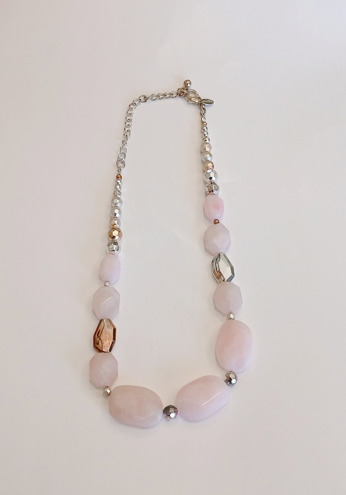 Chico’s Pink Rose Quartz Silver Bead Accented Statement Necklace 22″ 1.23oz