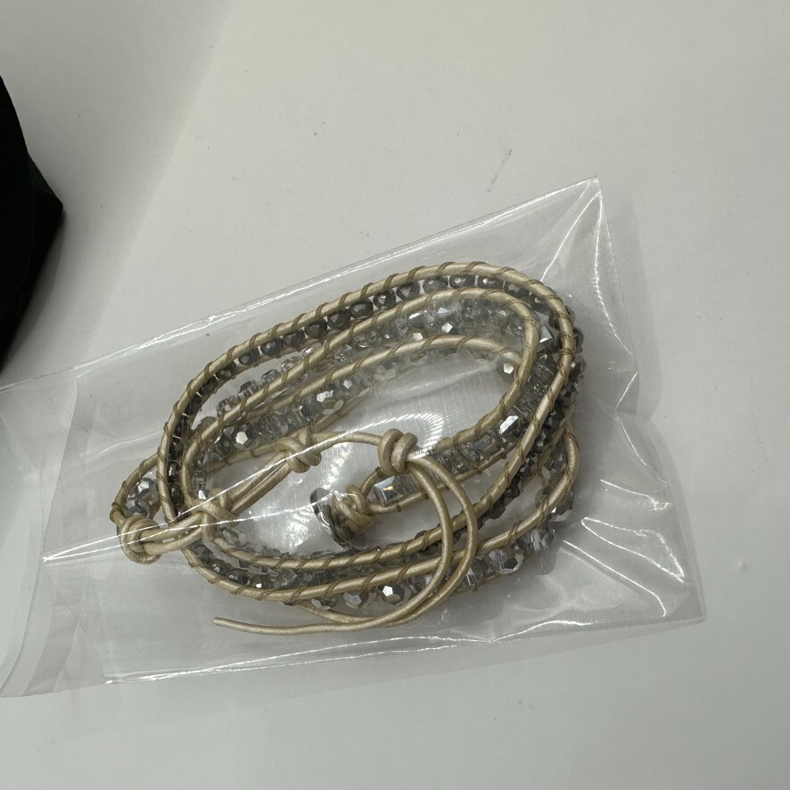 Victoria Emerson Wrap Bracelet Beige on Natural Gunmetal Beads 38 inches Long