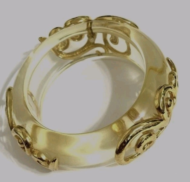 Vintage Isabel Canovas Large Lucite Clear Gold Gilt Scroll Round Bangle Bracelet