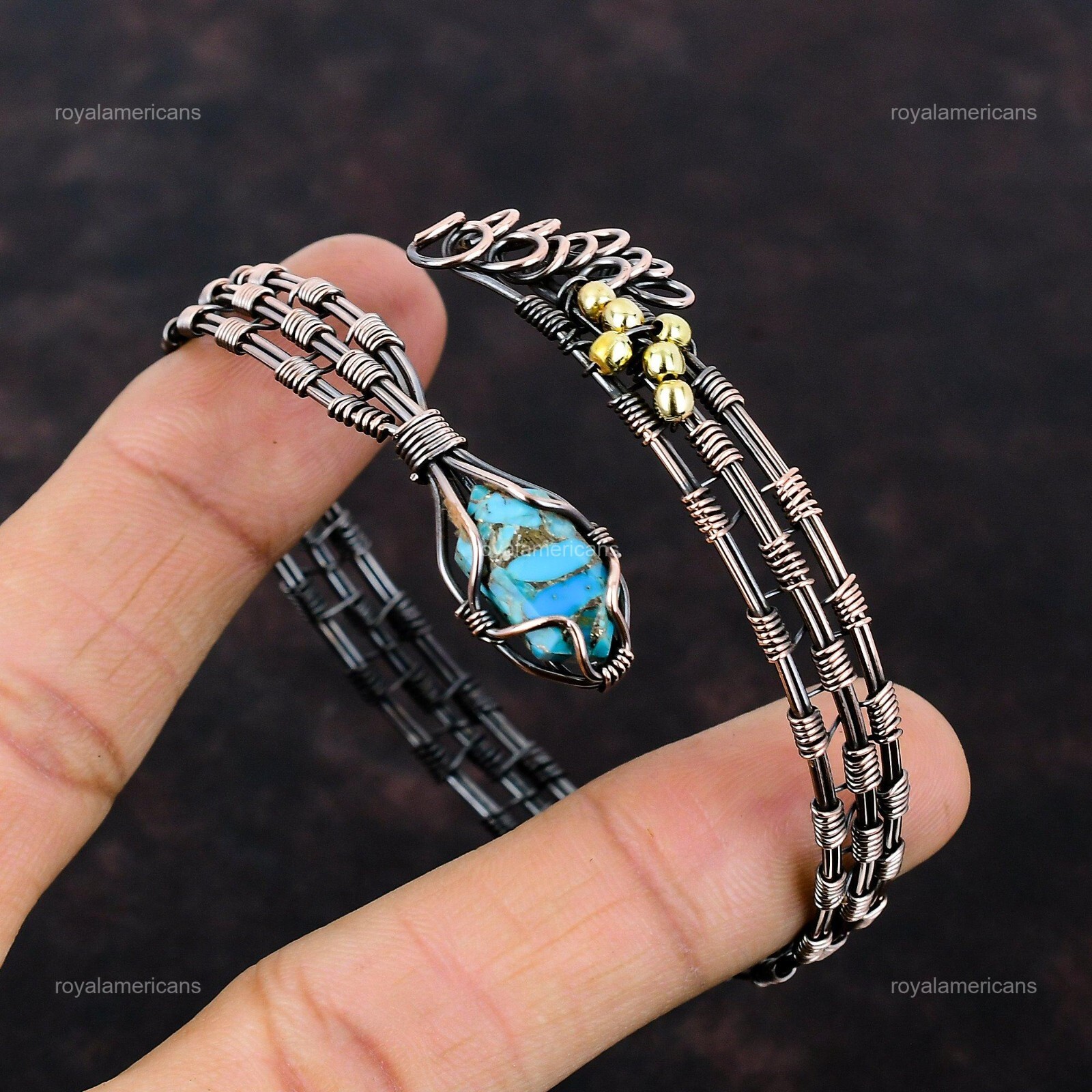 Blue Turquoise Wire Wrapped Adjustable Cuff Handcrafted Copper Designer Jewelry