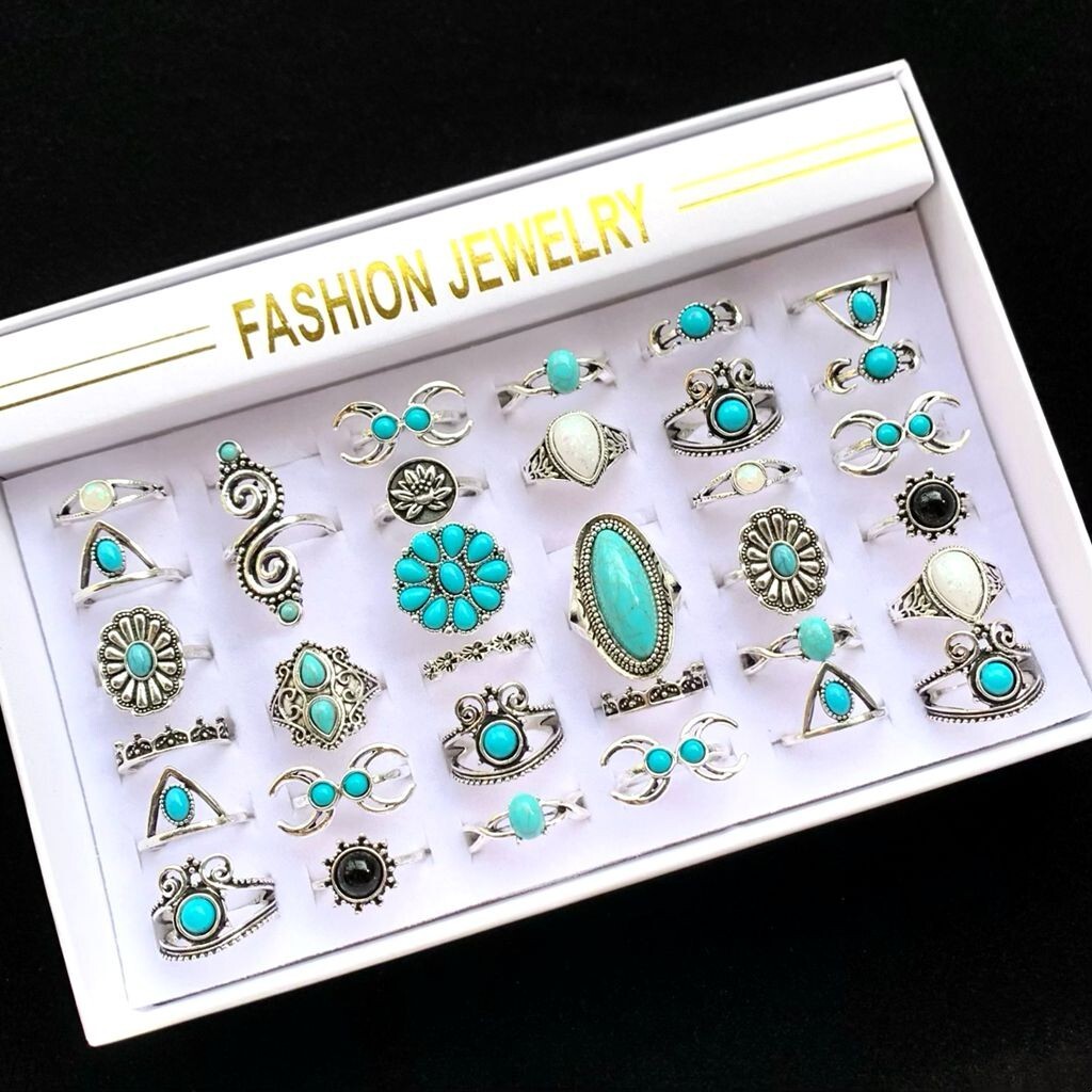 50pcs/lot Mix Bohemia Turquoise Vintage Rings Women Ethnic Silver Plated Jewelry