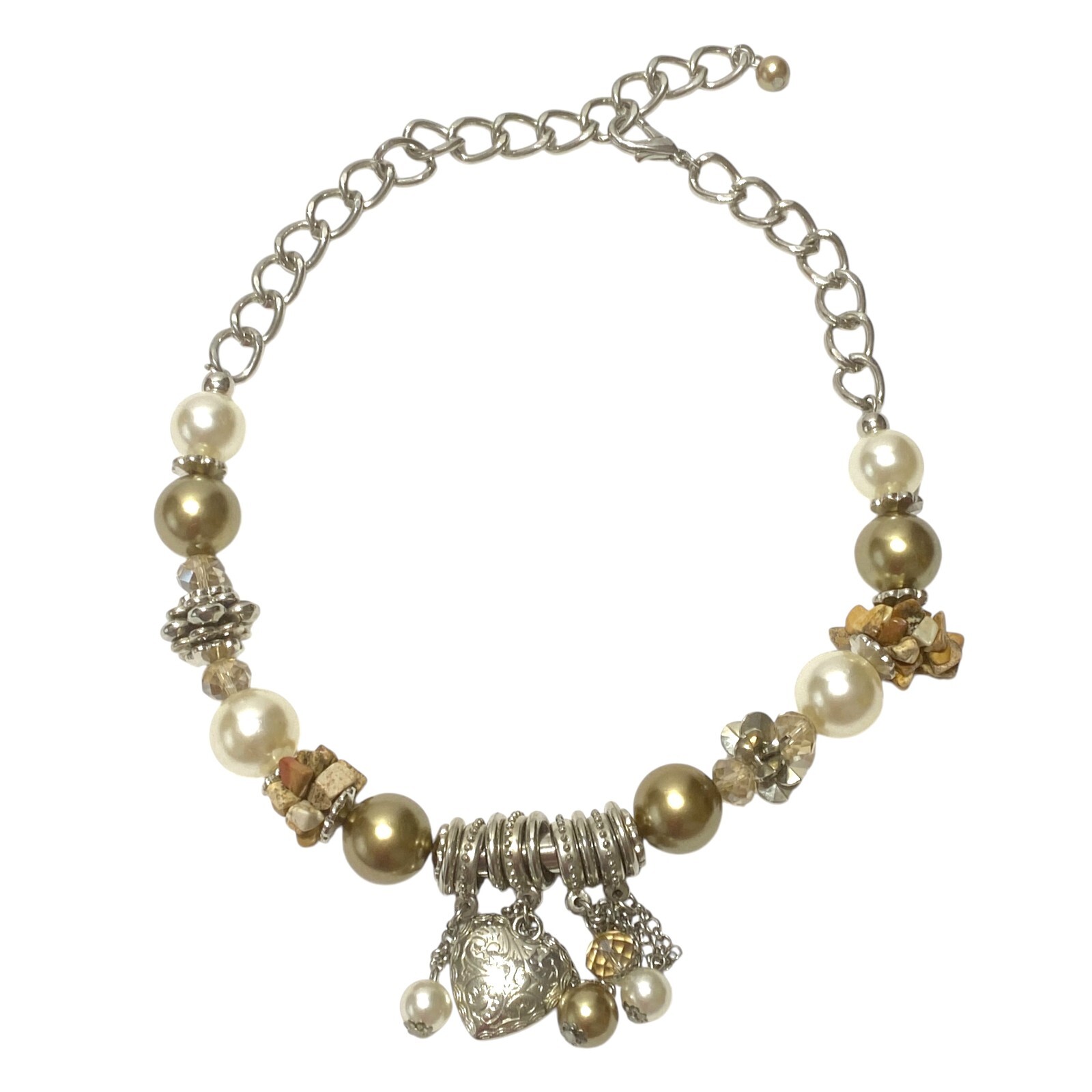Chunky Charm Statement Necklace Puffy Heart Crystal Simulated Pearl Collar Chain