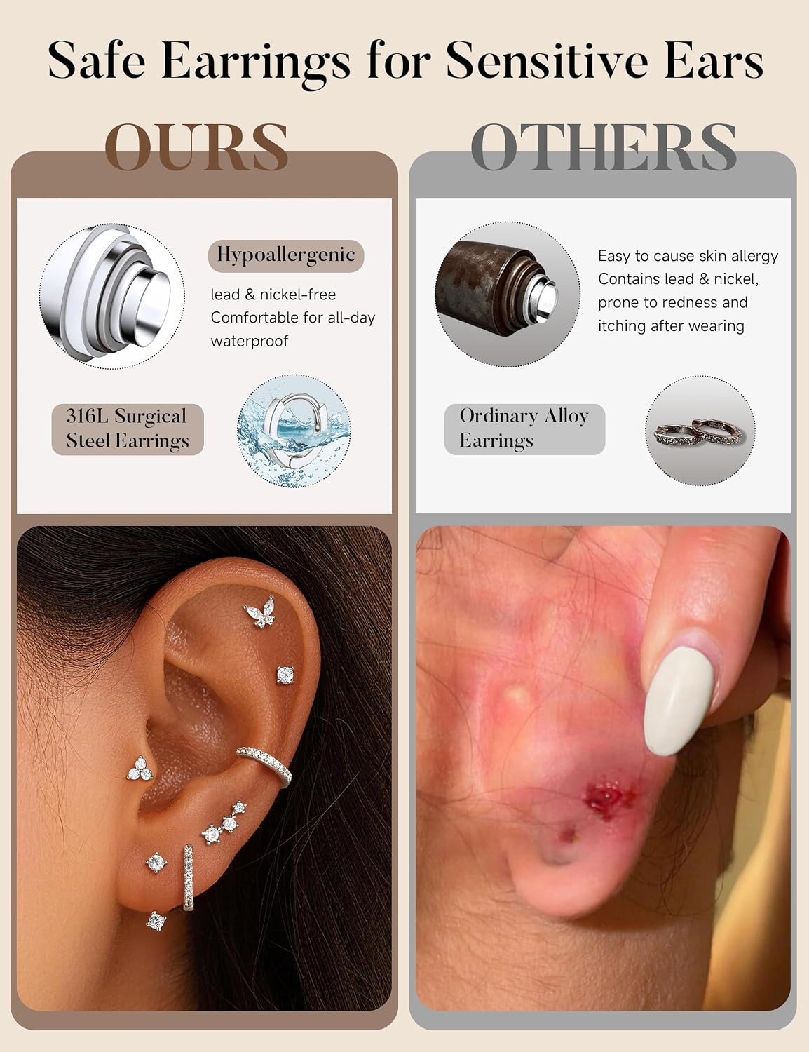Hypoallergenic Earring Jacket Stacks – 7 Pairs 14K Gold Plated Flat Back Earring