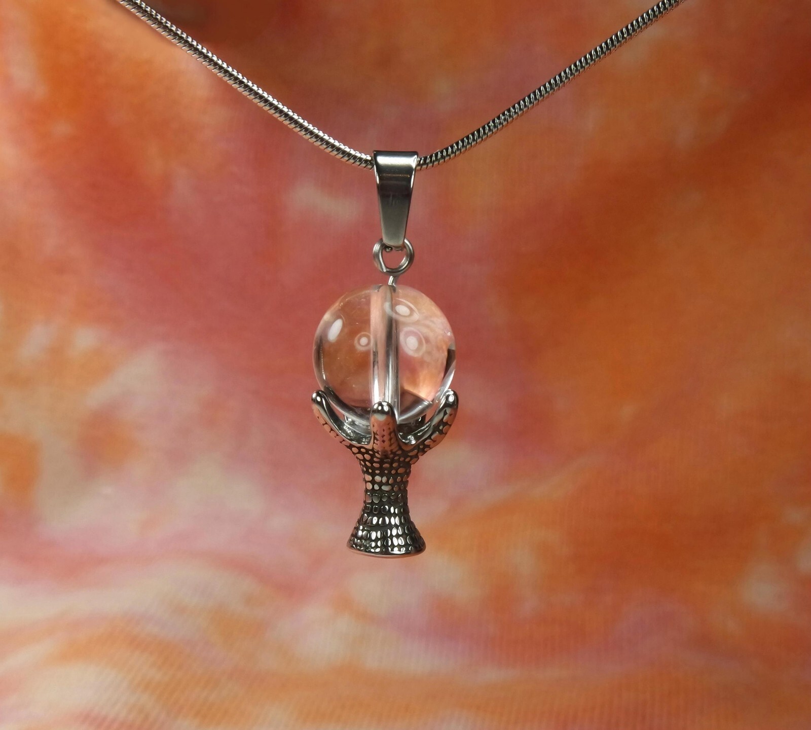 Crystal Ball Necklace, Natural Quartz Witches Eye Charm, Scrying Fortune Teller
