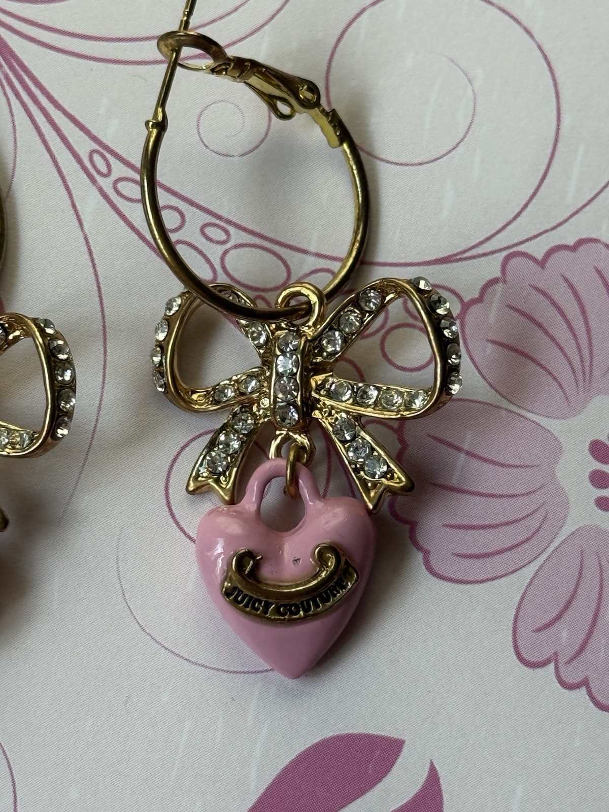 Rare Hard To Find Vintage Juicy Couture Pave Bow And Pink Heart Earrings