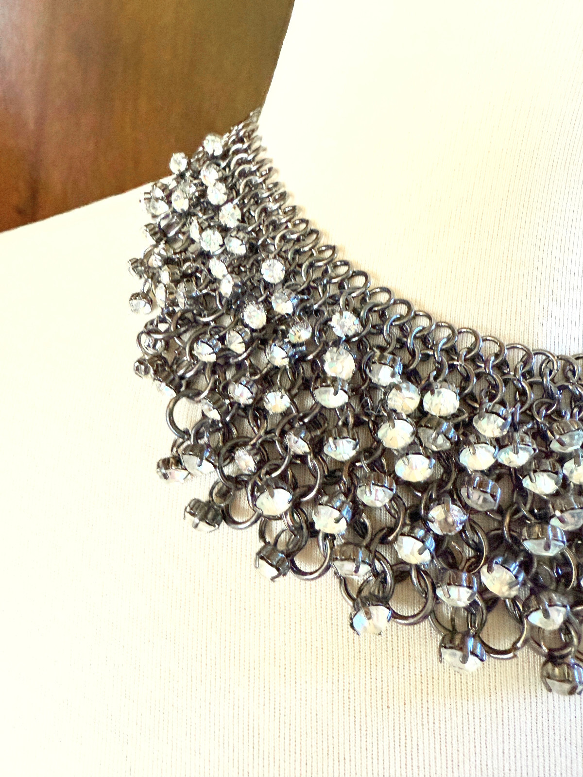 Vintage bib necklace draped chain Rhinestone Nordstrom statement gun metal grey