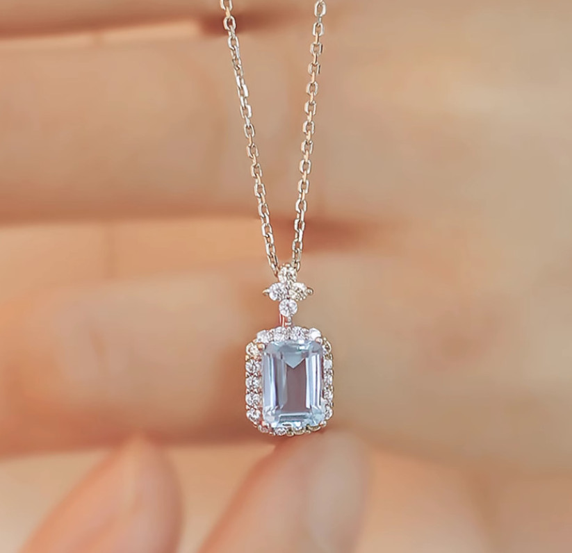 White Gold Light Luxury French Perfume Bottle Square Blue CZ Pendant Necklace F7
