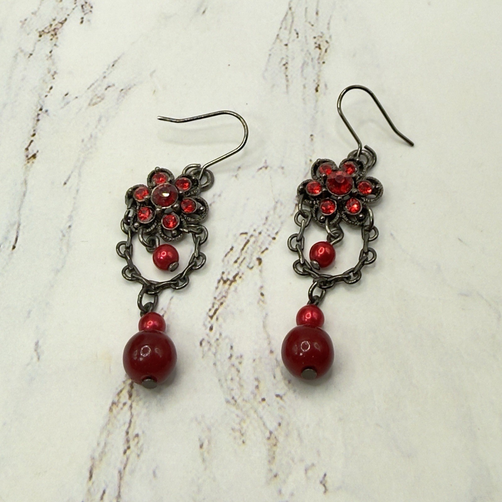 Vintage Inspired Red Rhinestone Filigree Chandelier Dangle Fashion Earrings