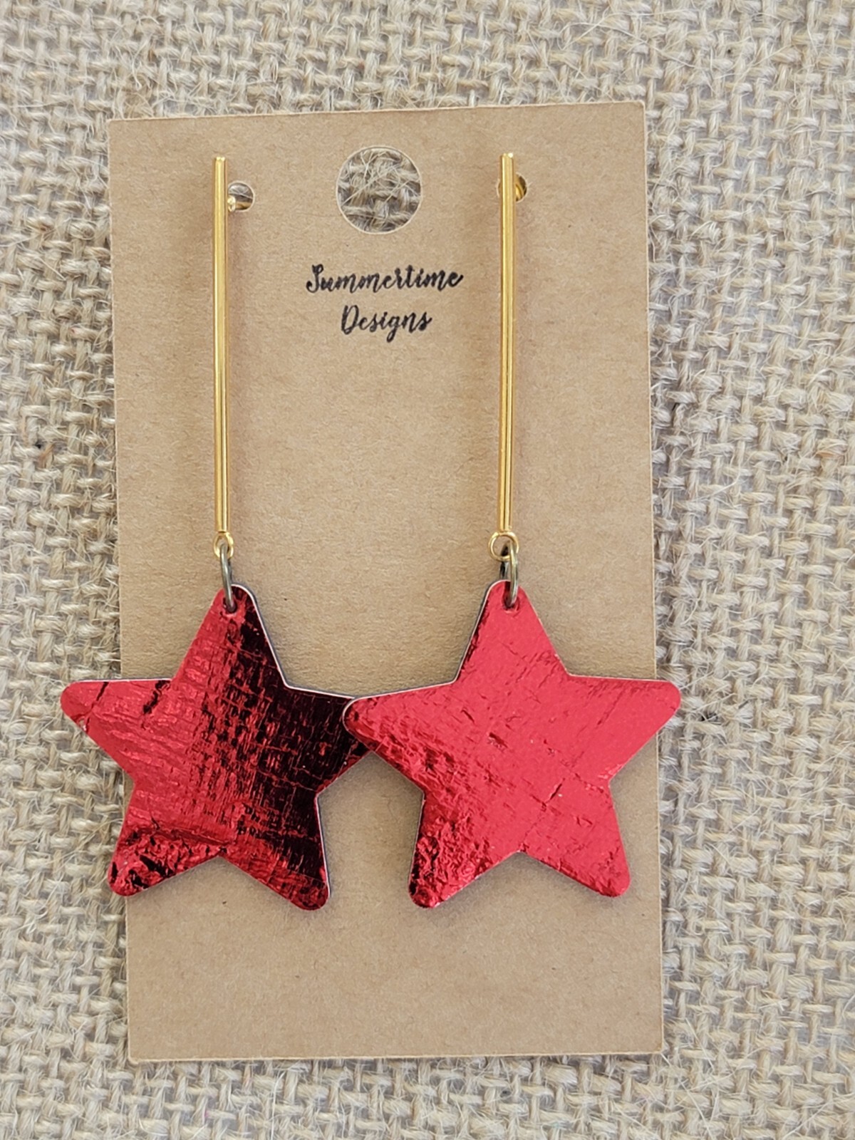 GENUINE Leather Backed Cork Star Cut Earrings Metallic Red 2″