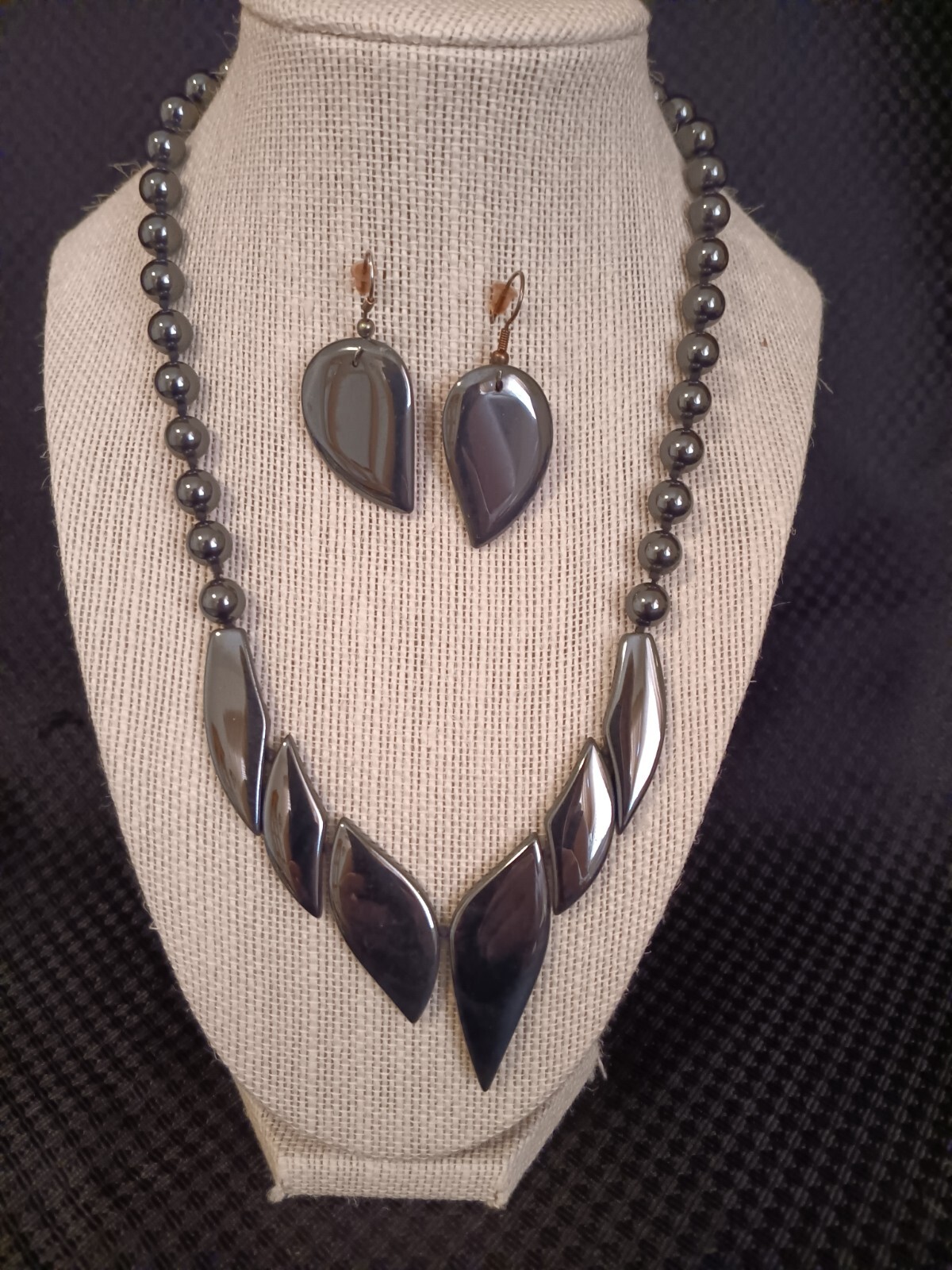 Beautiful Pewter Gray Beaded Necklace and Matching Dangling Pierced Earrings