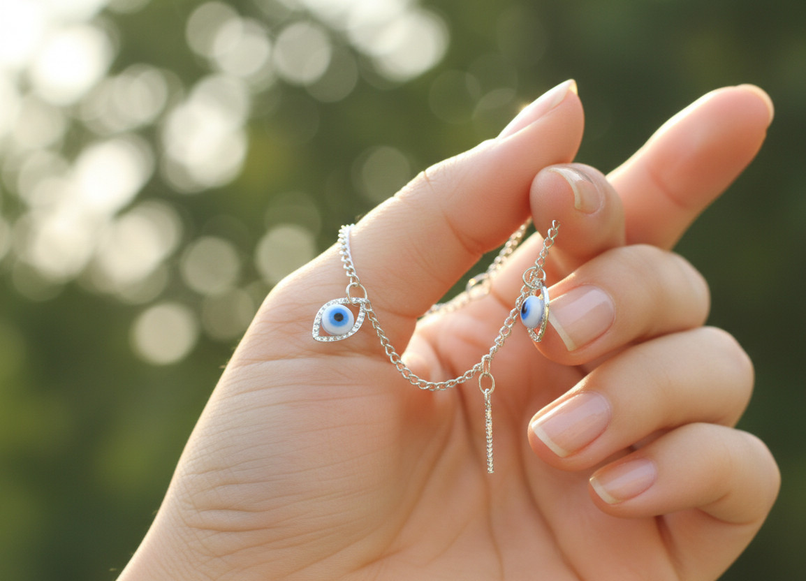 Dainty Protection Charm Bracelet 925 Silver Tone Curb Chain with CZ & Blue Evil