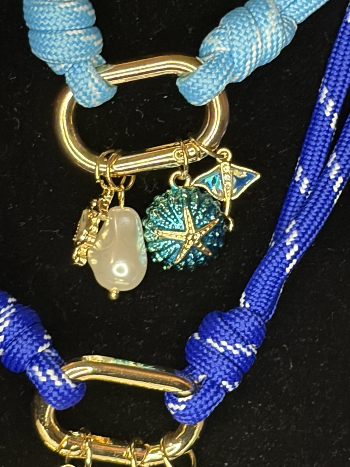 Blue Cord double Necklace w/ Gold Tone Beach Charms Heart Shell Starfish