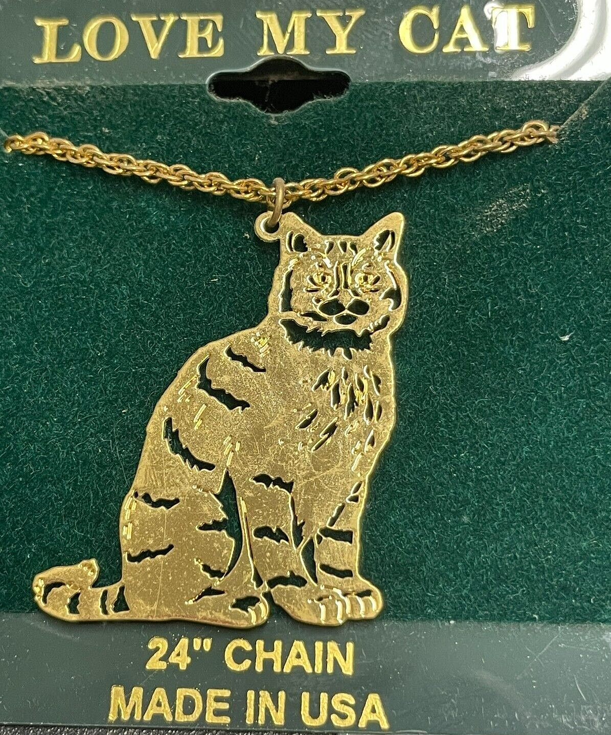 Love My Cat Necklace made in USA-24K gold finished brass 1.5 inches 24-in. chain