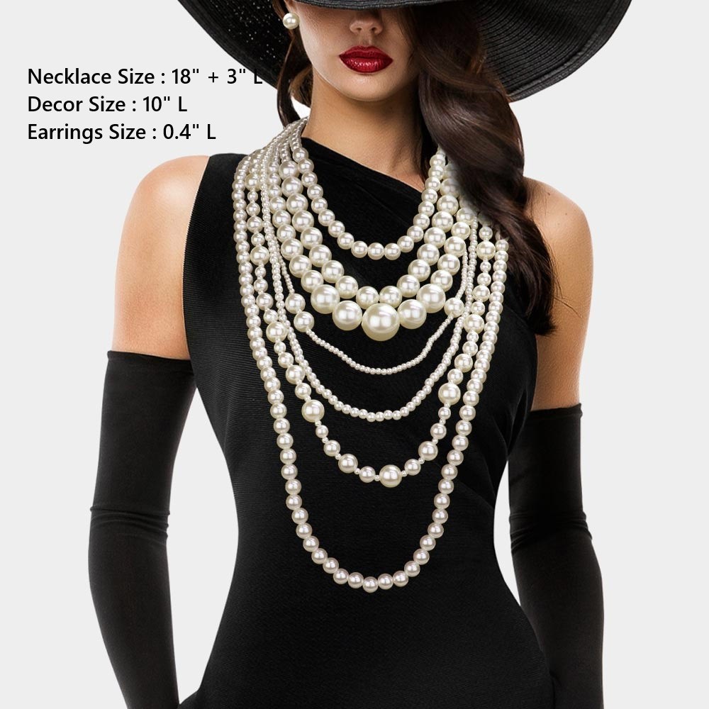 Long Cream Ball Statement Chunky Necklace Pearl Multi Row Strand Layered Bead