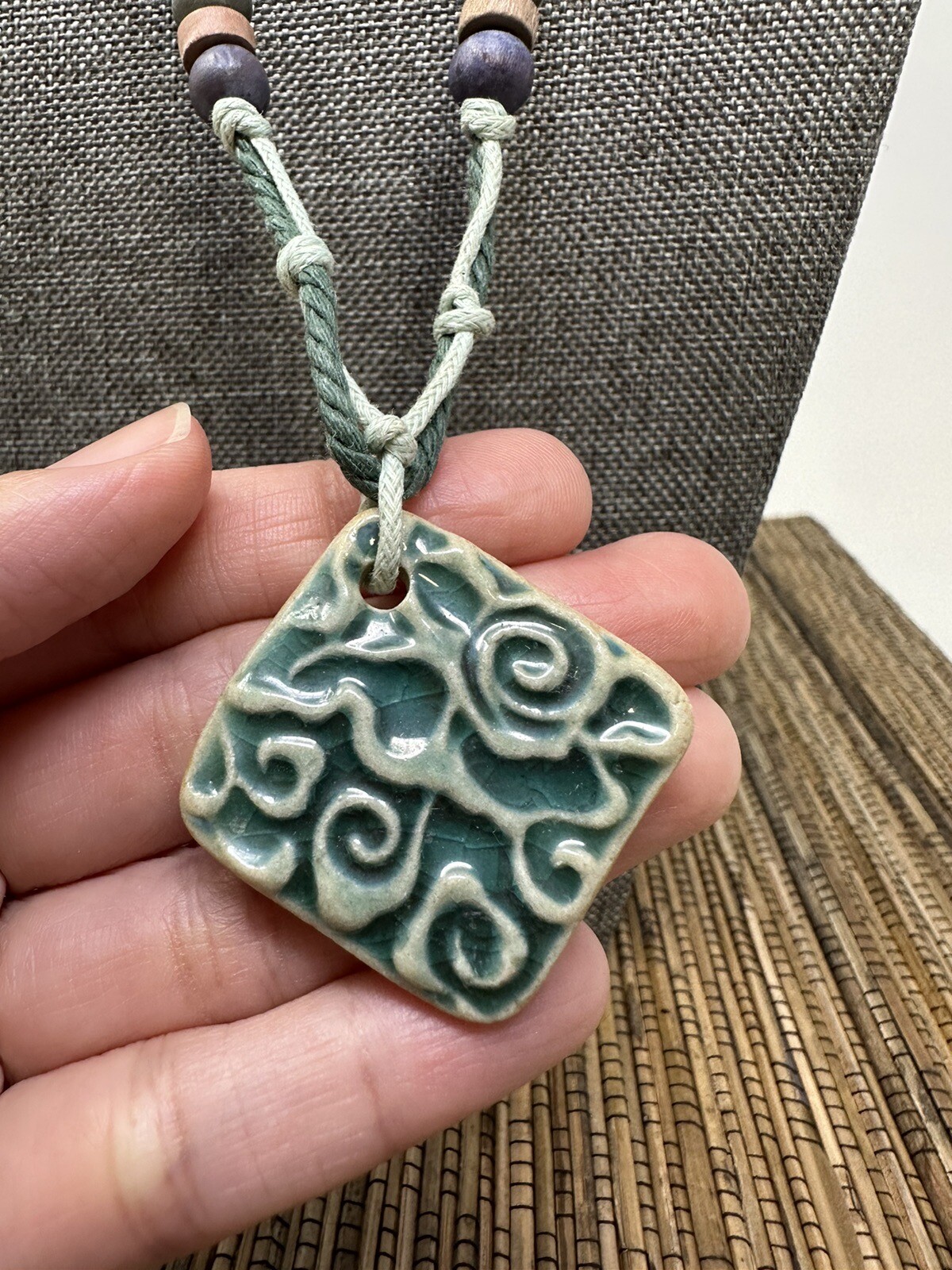 Green Spiral Bohemian Handmade Necklace with Square Engraved Pendant