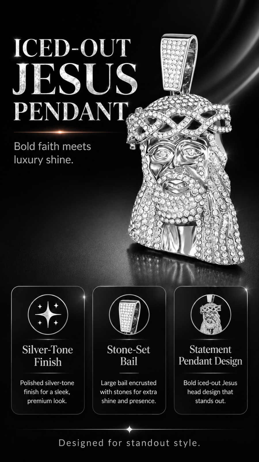 Iced Out Jesus Pendant Necklace Charm, Luxury Silver Tone Faith Inspired Hip Hop