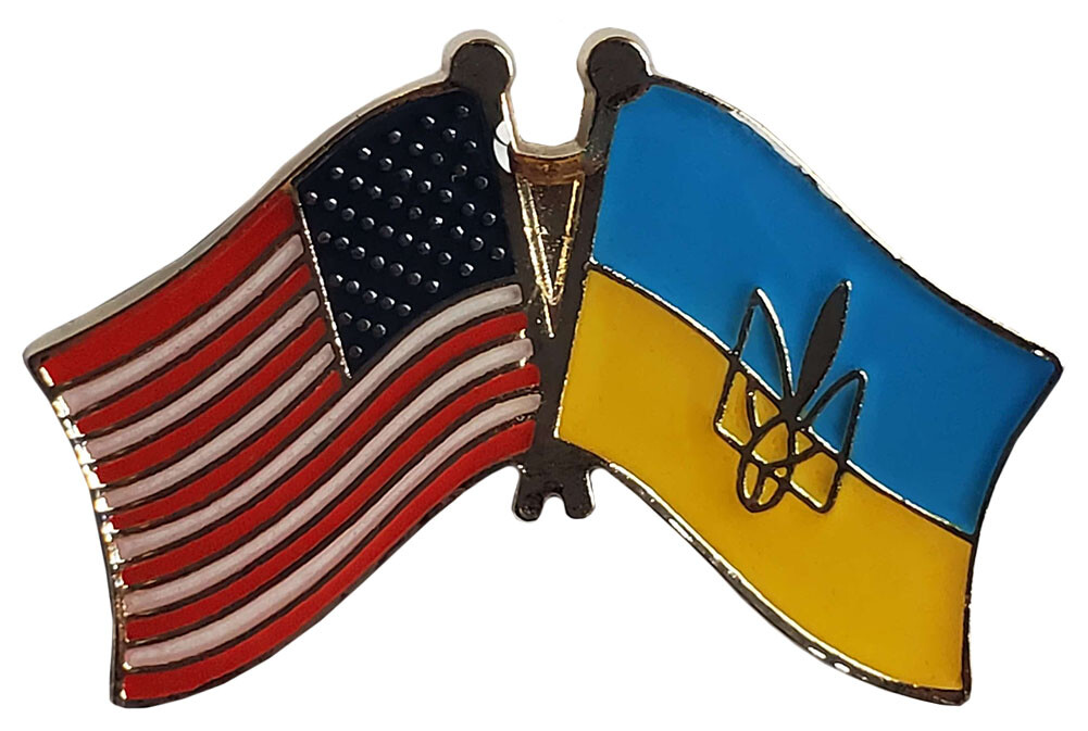 Show support Ukraine USA & Ukraine TREIDENT crossed flags lapel pin made in USA