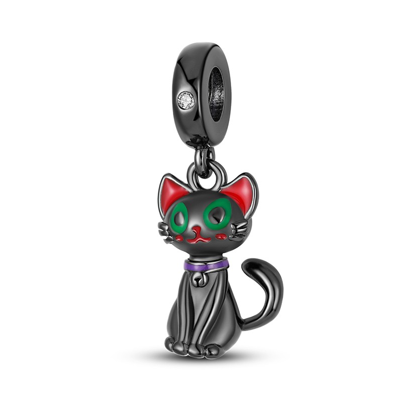 MULA European Black Cat Dangle Charm CZ Fit Women Bracelet 925 Sterling Silver