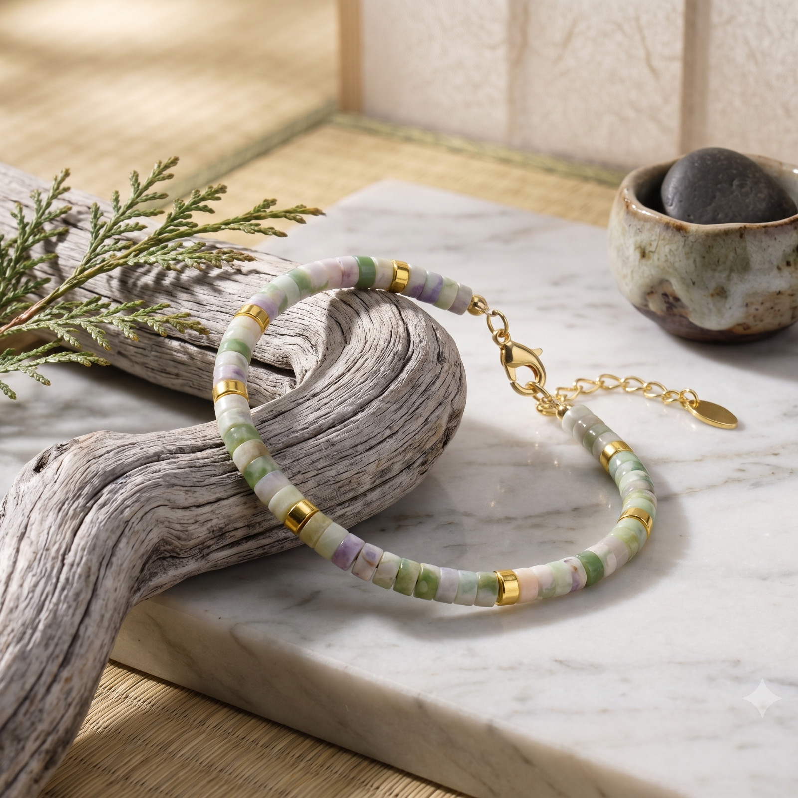 Natural Jade Stone Tila Beaded Bracelet Adjustable Stackable Healing Boho Style