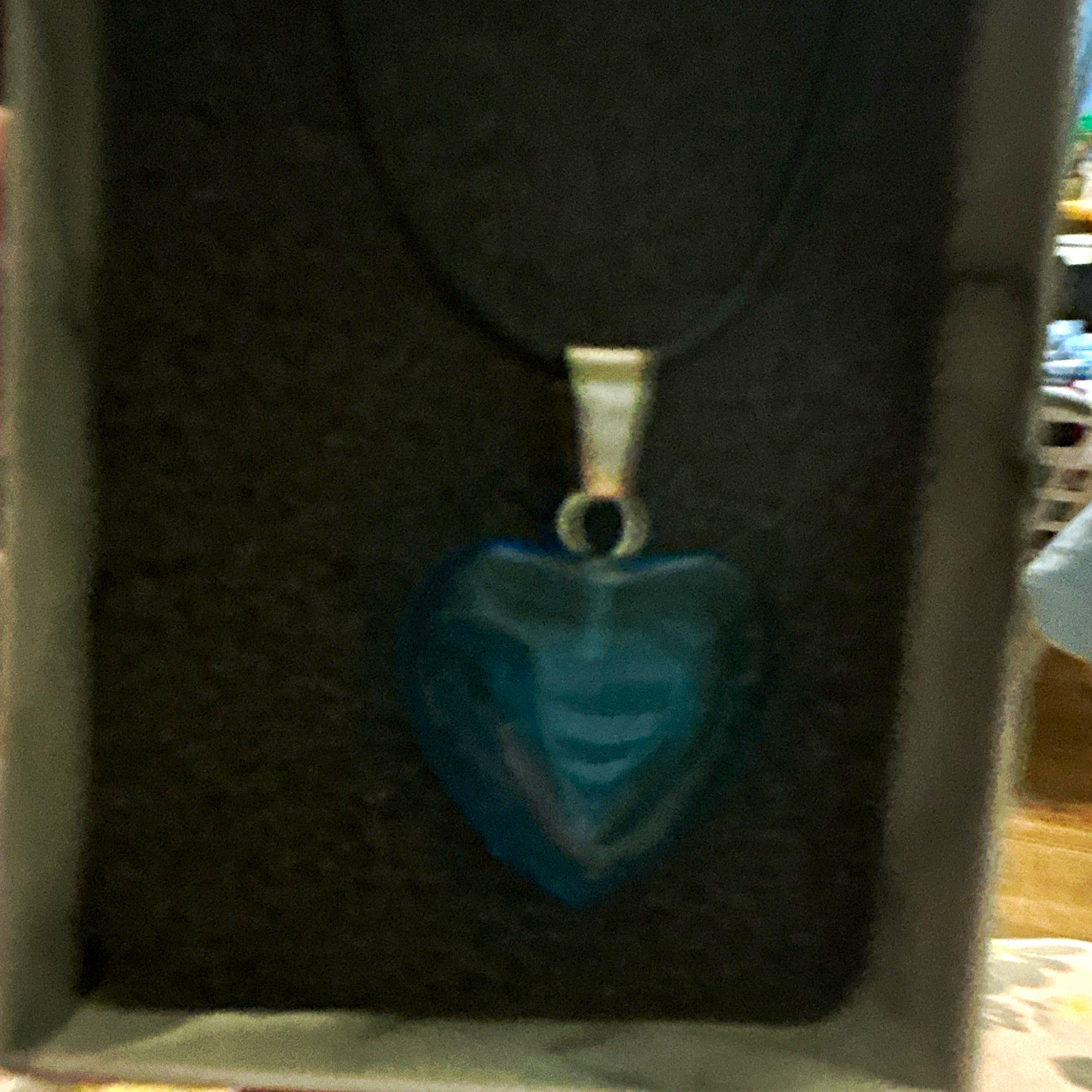 Blue Heart Glass Charm Pendant Necklace on Black Cord, Silver Metal, Love Theme