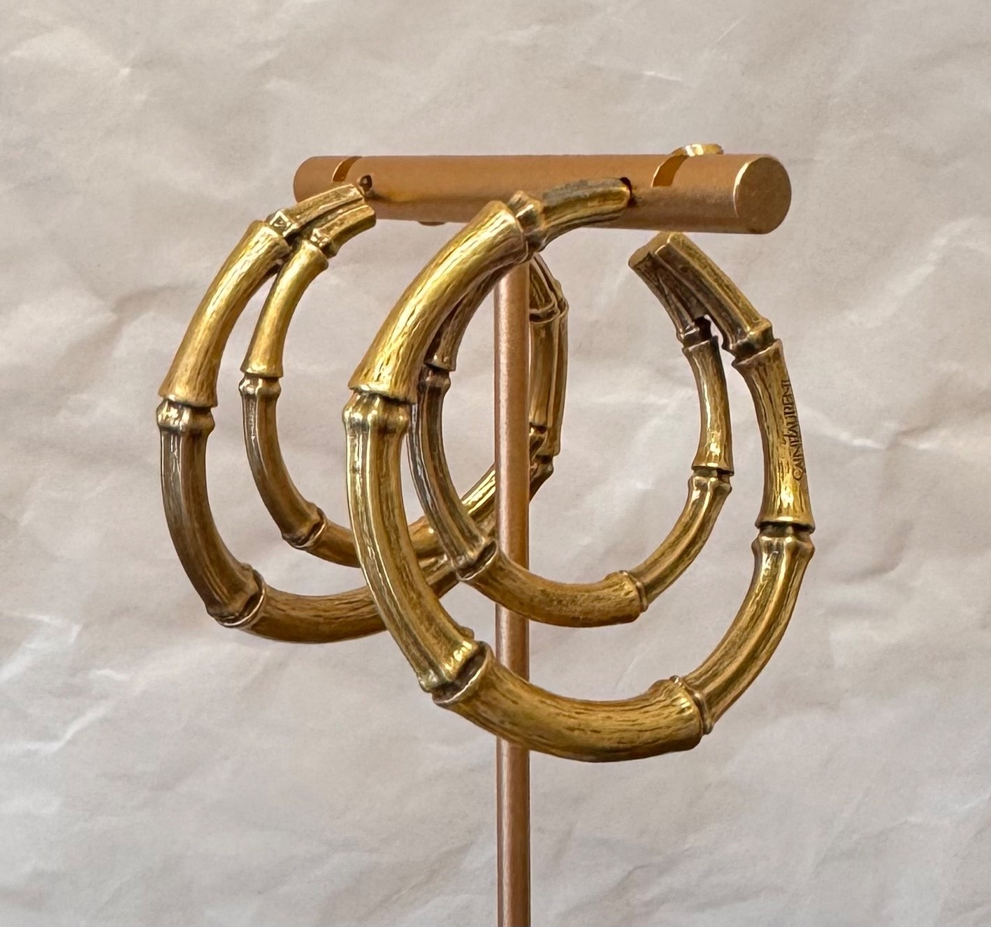 Saint Laurent YSL Bamboo Hoop Earrings Gold Tone Hoops # 564