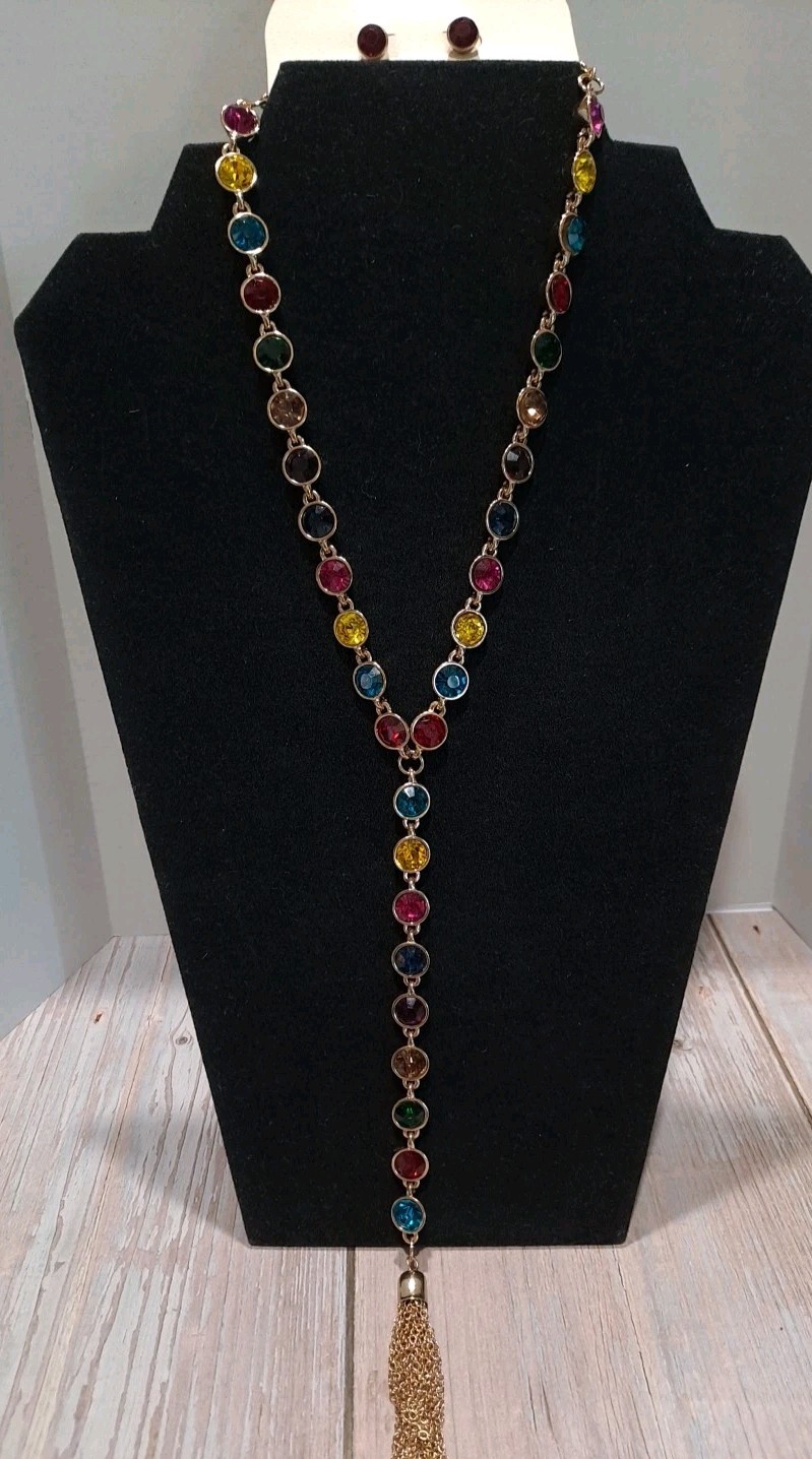 NOS VTG Modern Glass Rhinestone Lariat Necklace Earrings Set Gold Statement Neck