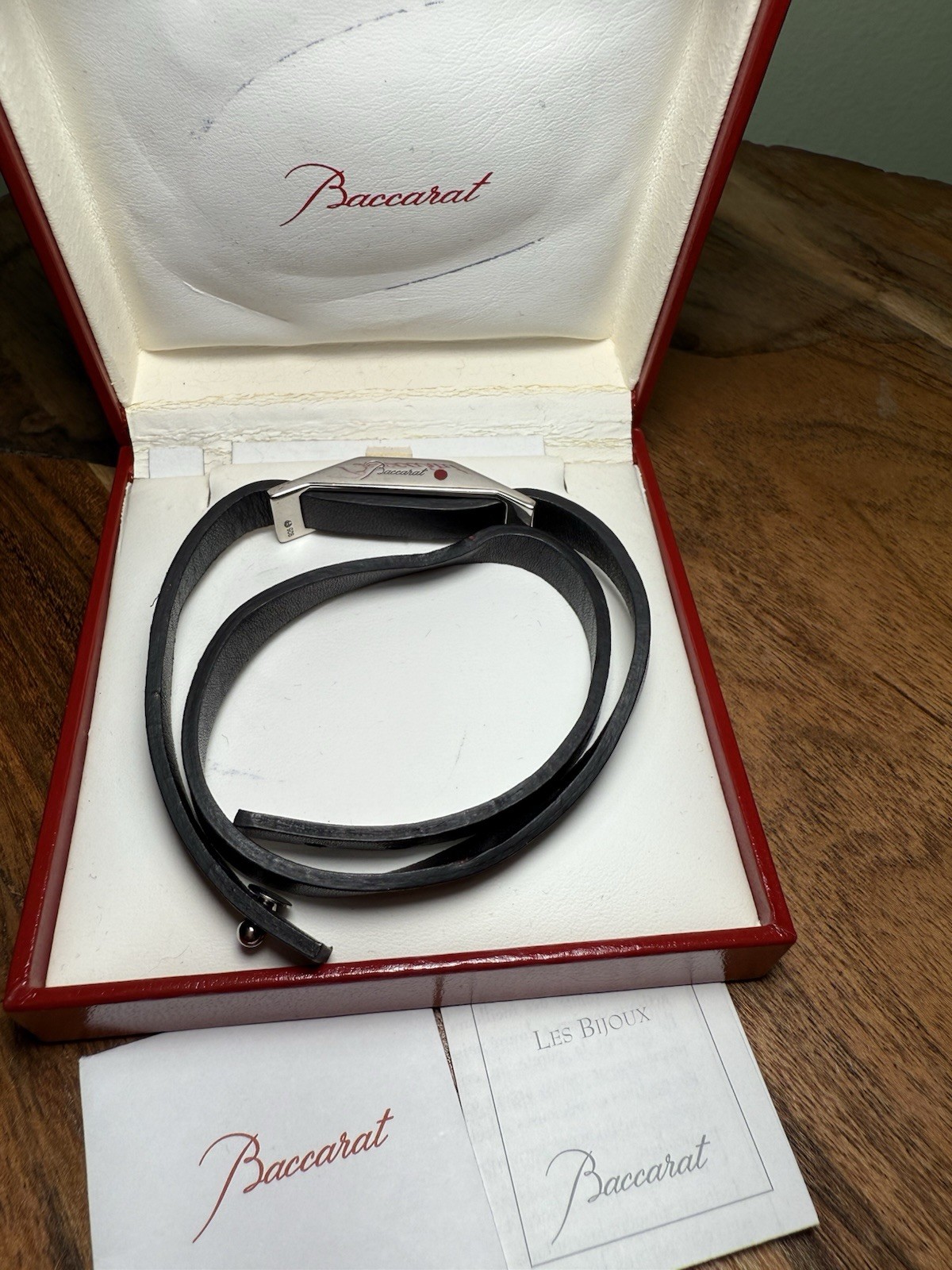 BACCARAT RED CRYSTAL LEATHER CABLE DOUBLE WRAP BRACELET AND S.S .925 / 6.5-7.5”