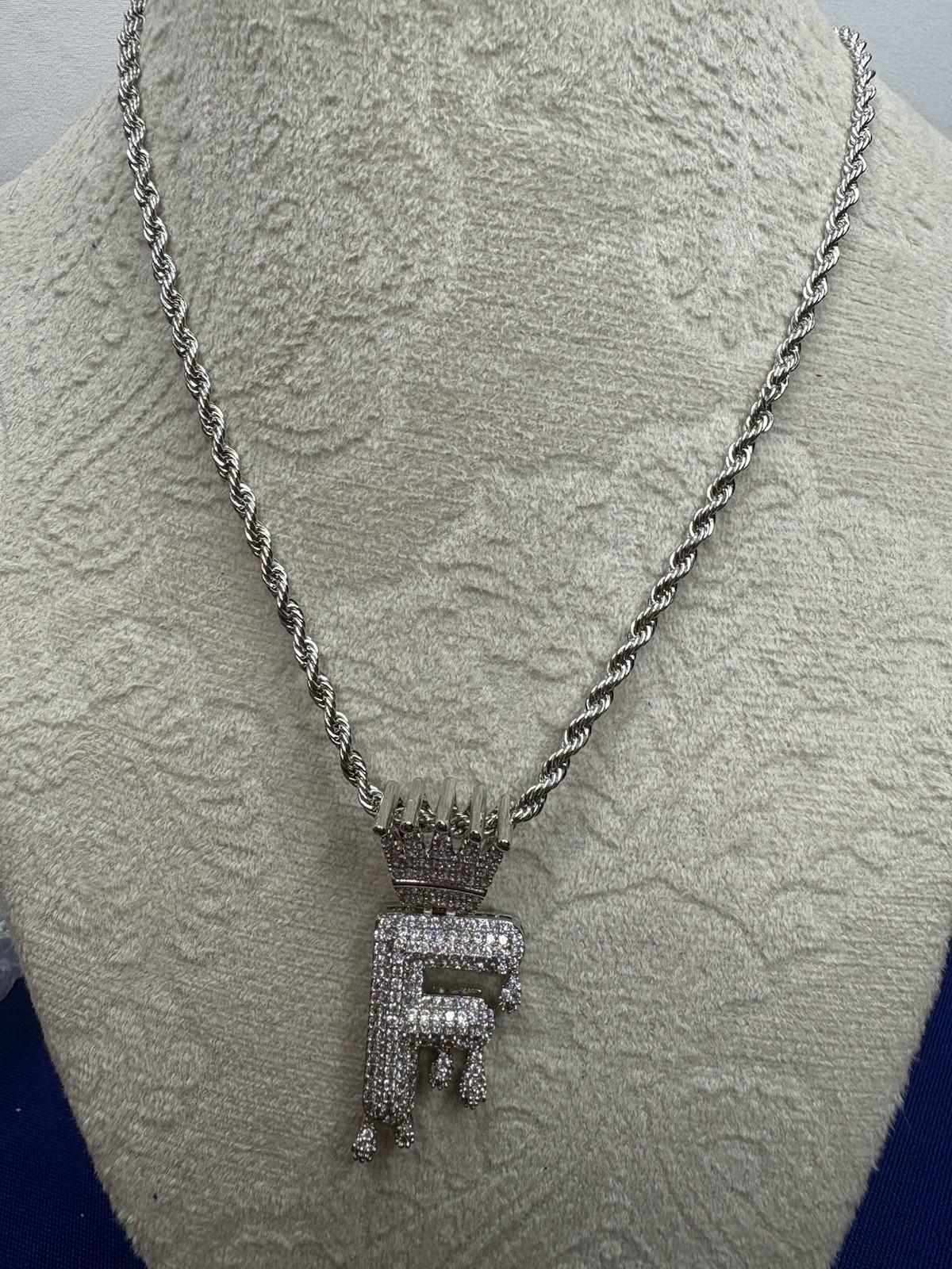 NEW 18” Stainless Steel Silver Rope Chain Necklace w/Crown Drip Letter F Pendant