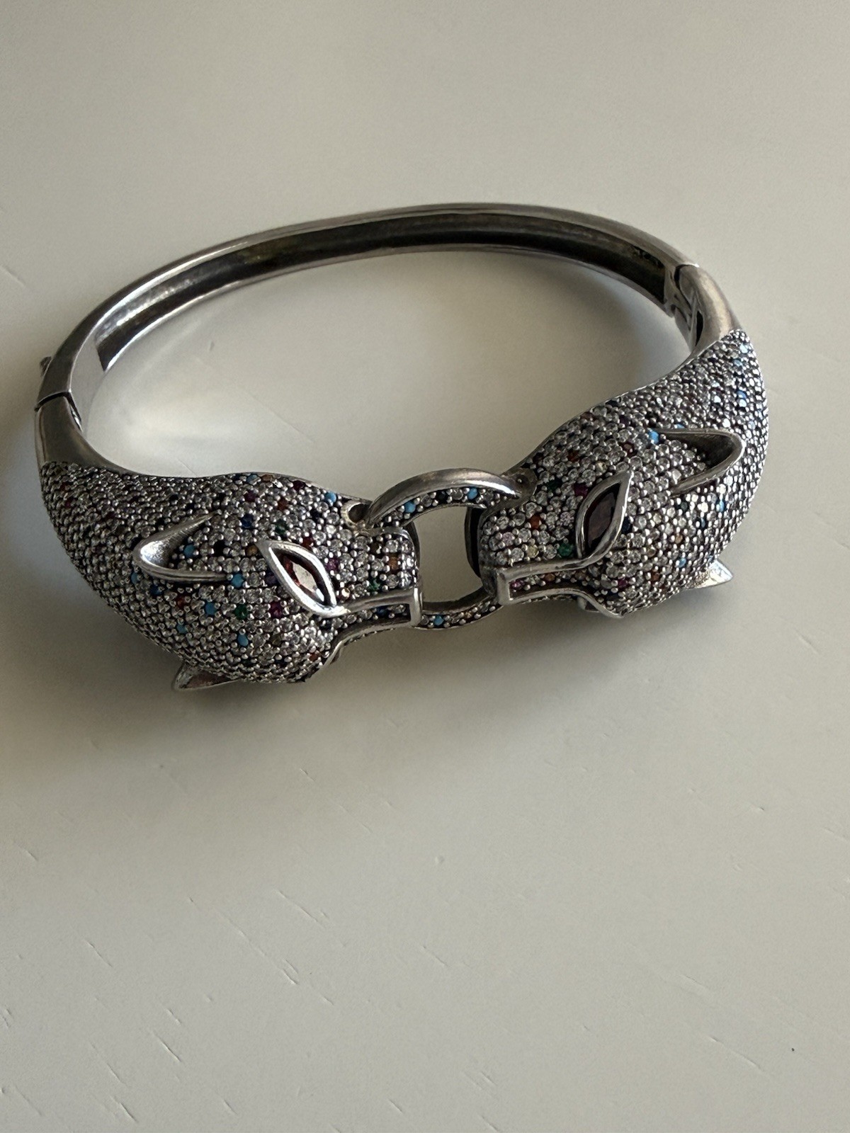 Silver Tone Animal Head Bangle Bracelet with Rhinestone Accents, Snap Closure