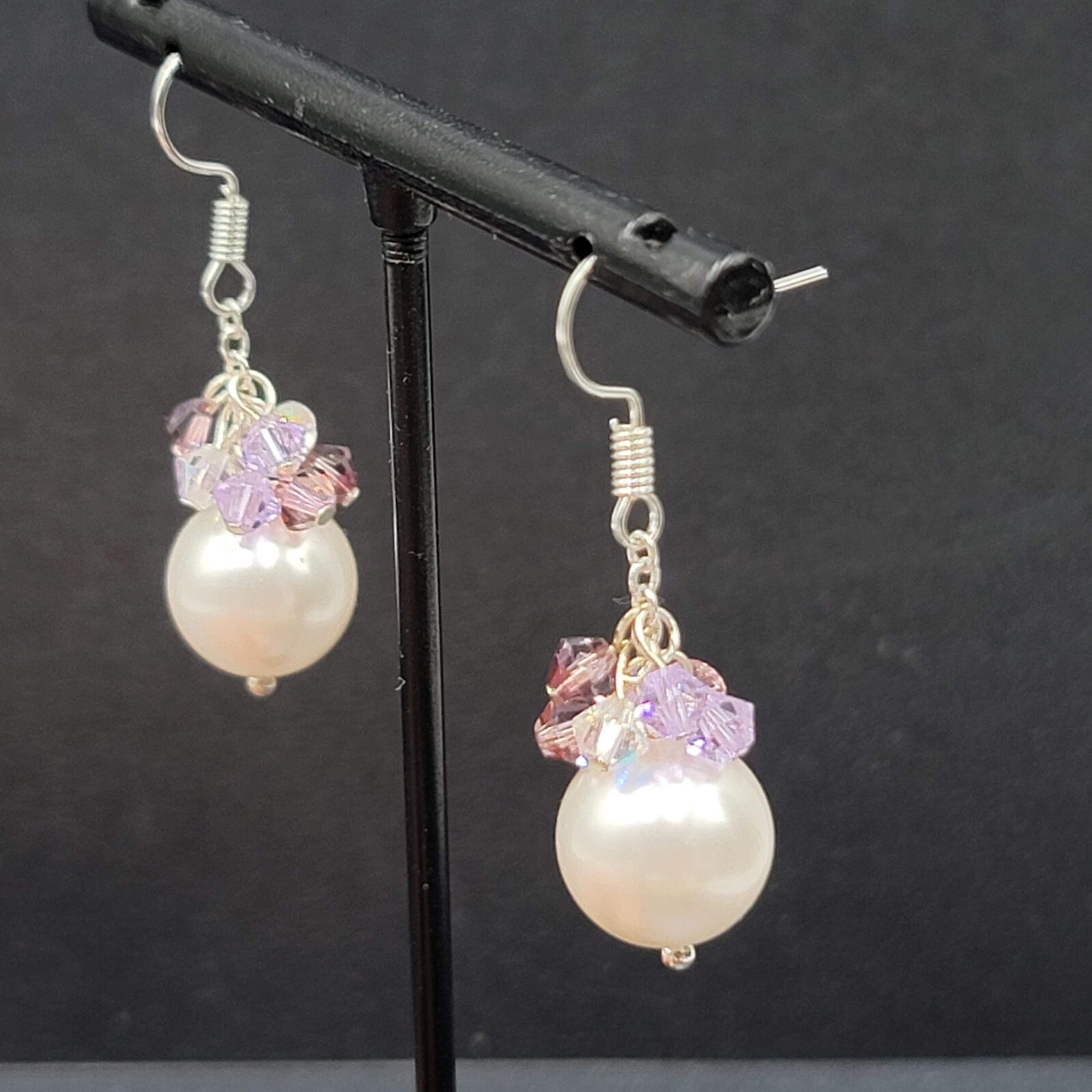 Pierced Earrings Purple Crystal Faux Pearl Beaded Dangle 1″