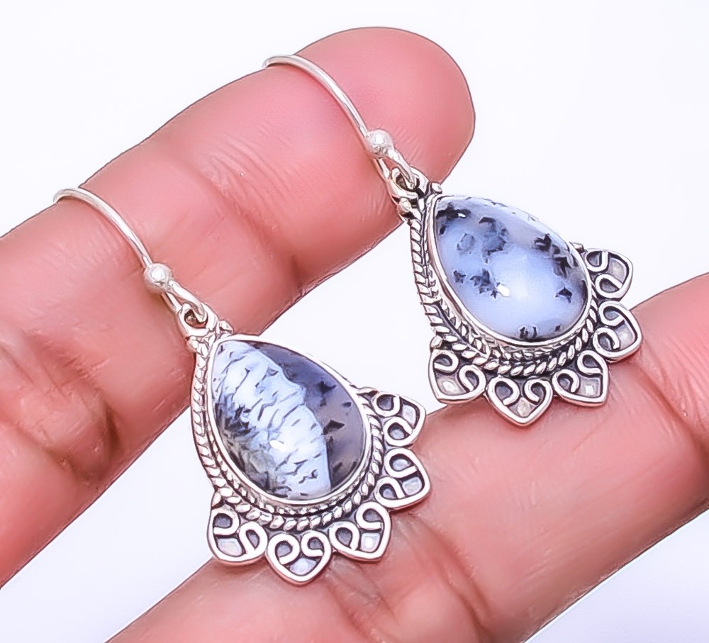Merlinite Dendritic Opal 925 Sterling Silver Bali Earring 1.56″ E17, Christmas