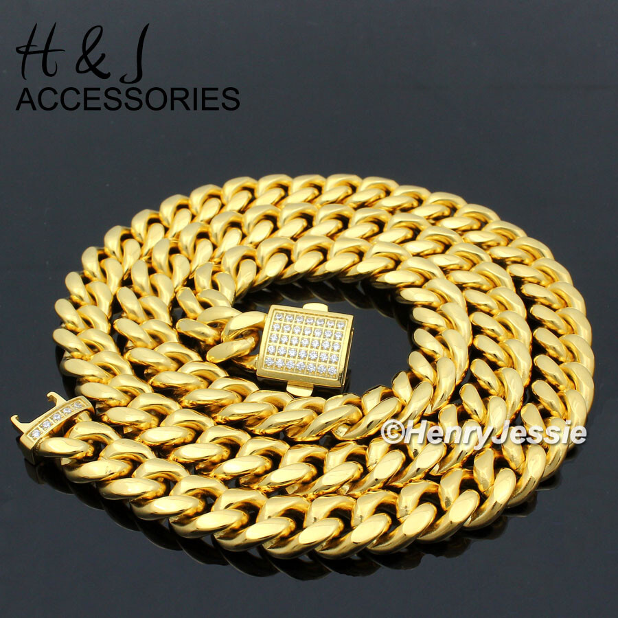 18″-40″Stainless Steel 7/10/12mm Gold Plated ICY CZ Miami Cuban Chain Necklace