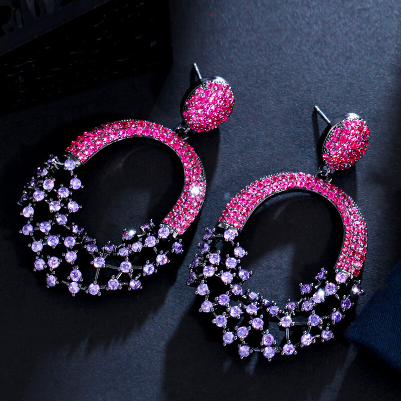 Lady Gorgeous Black Gold Plated Hot Pink Purple Zircon Long Dangle Drop Earrings