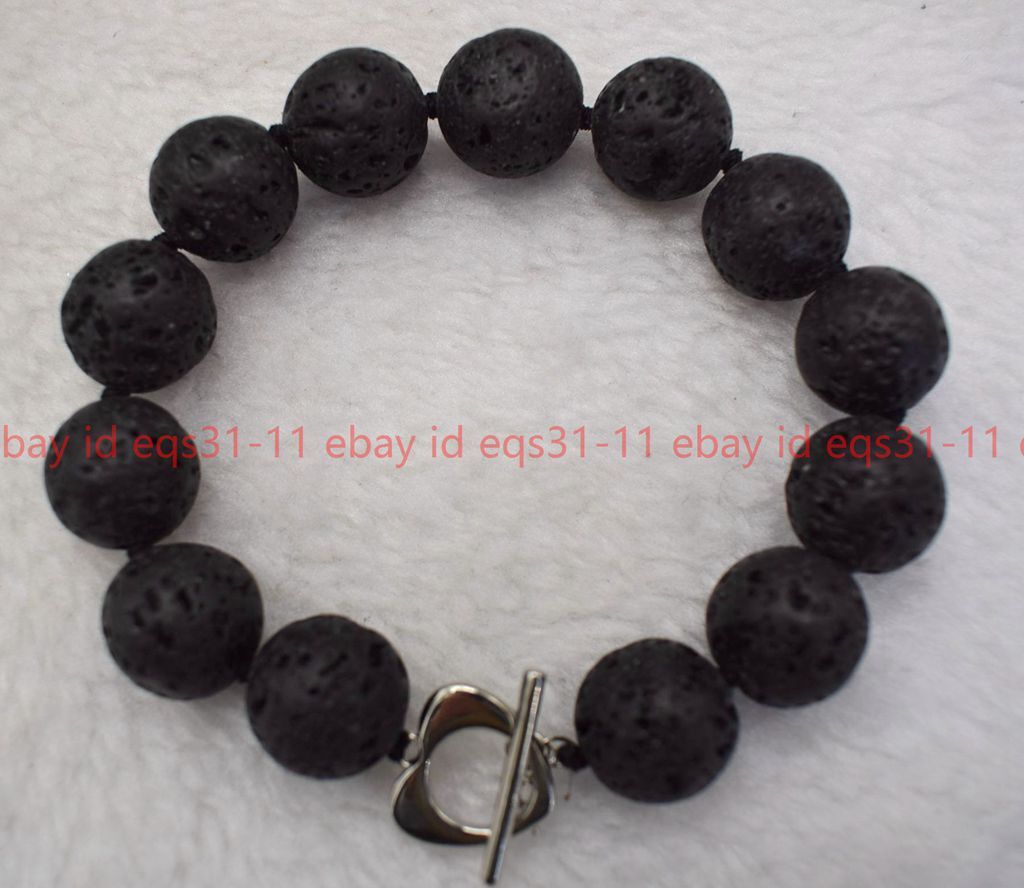 Pretty Large 10/12/14mm Black Lava Rock Round Gemstone Beads Bracelet 7.5”