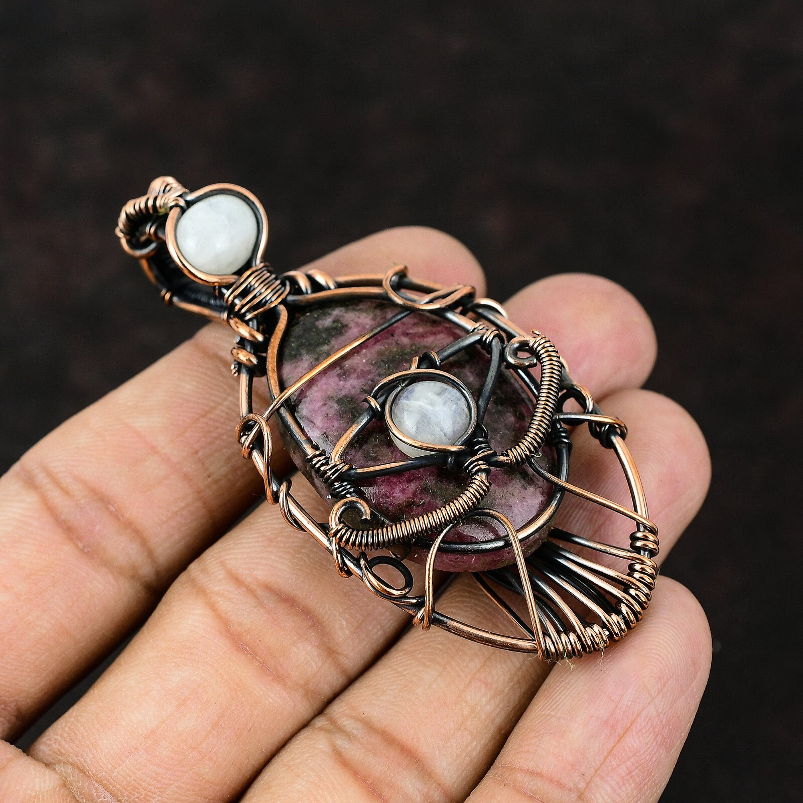 Valentines Sale Oval Rhodonite Gemstone Rainbow Moonstone Copper Pendant Jewelry