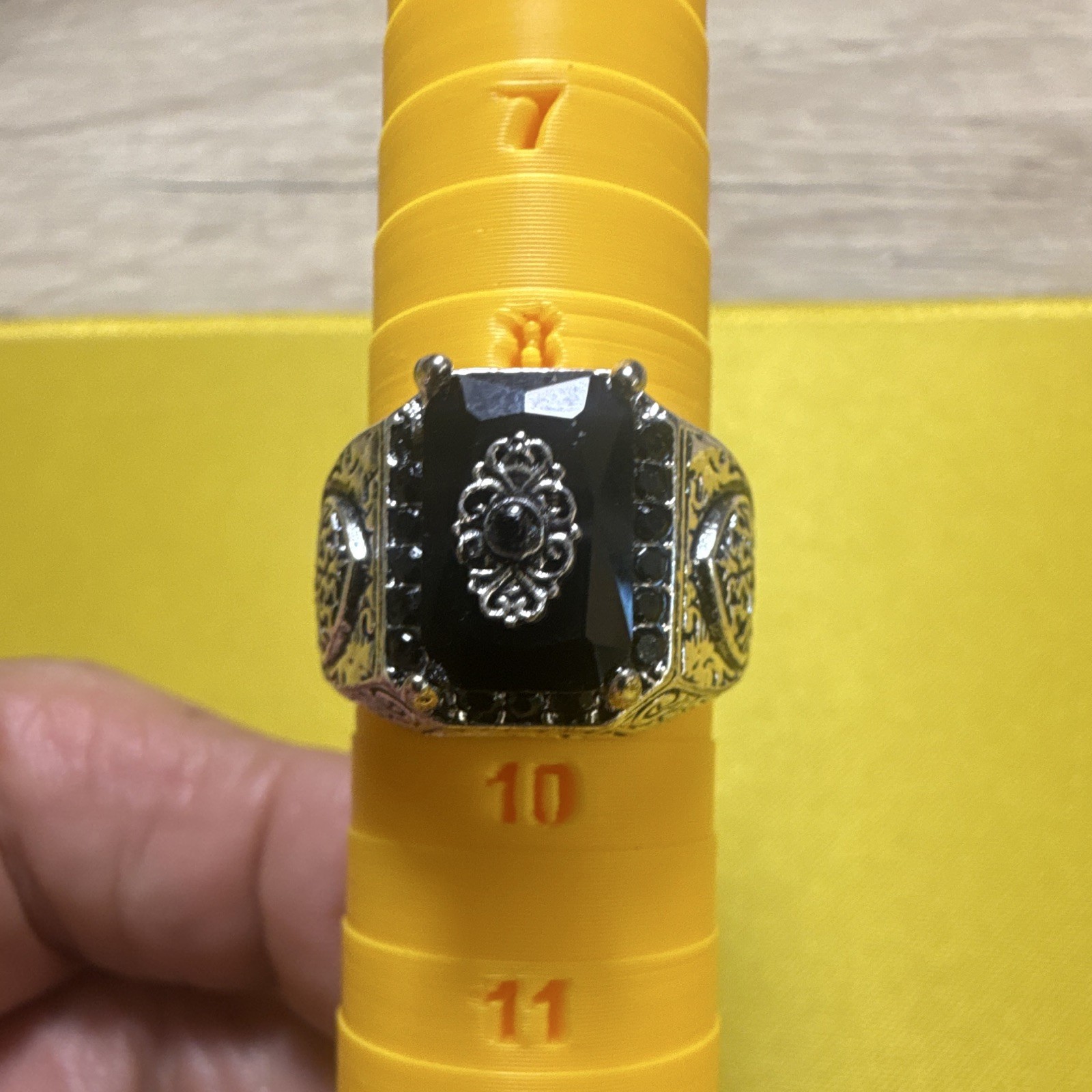 Silver Tone Signet Cocktail Ring w/ Black Square Stone Prong Set, Size 10