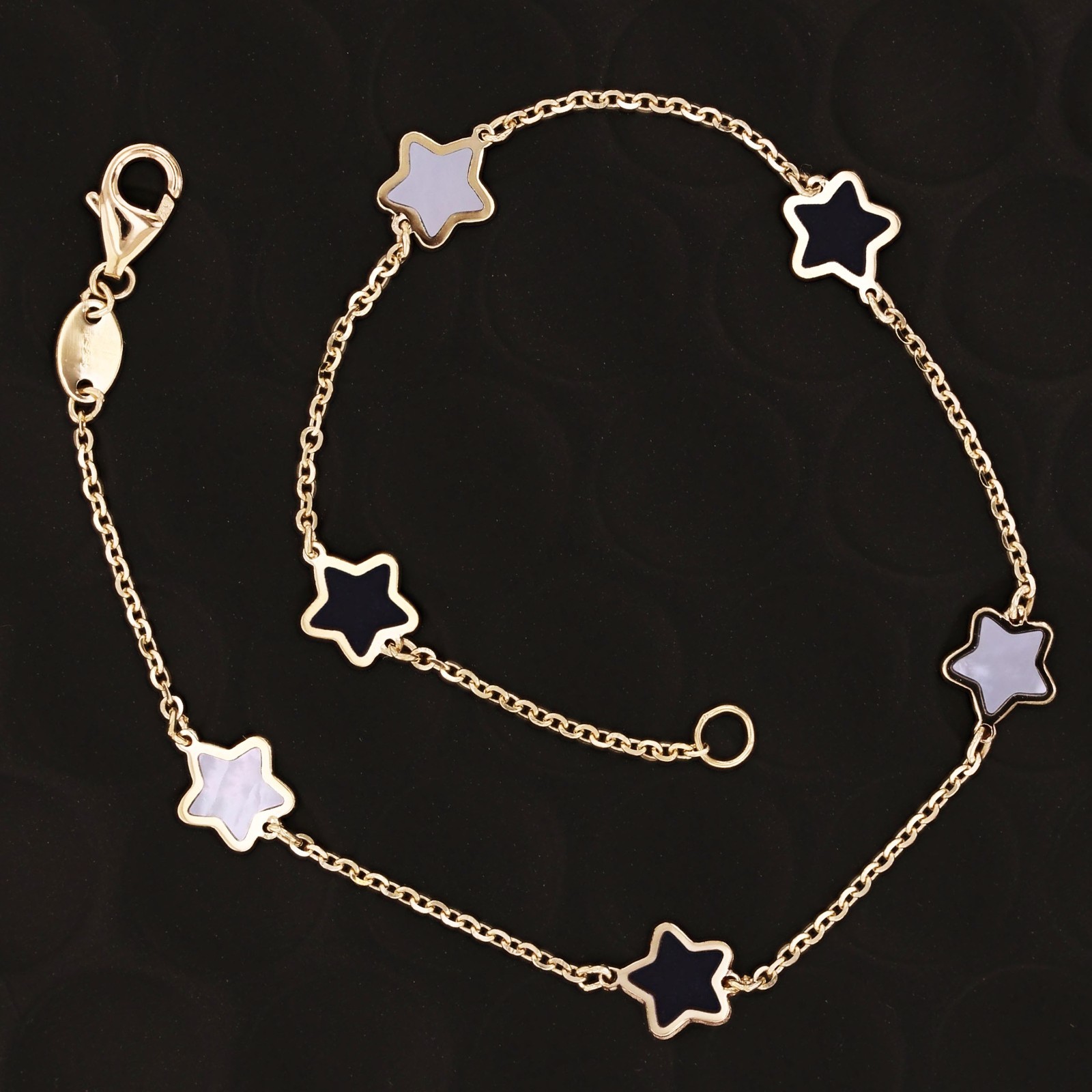 Italian 14k Yellow Gold Mother of Pearl & Onyx STAR Charm Bracelet 7.5″ 1.5 gram