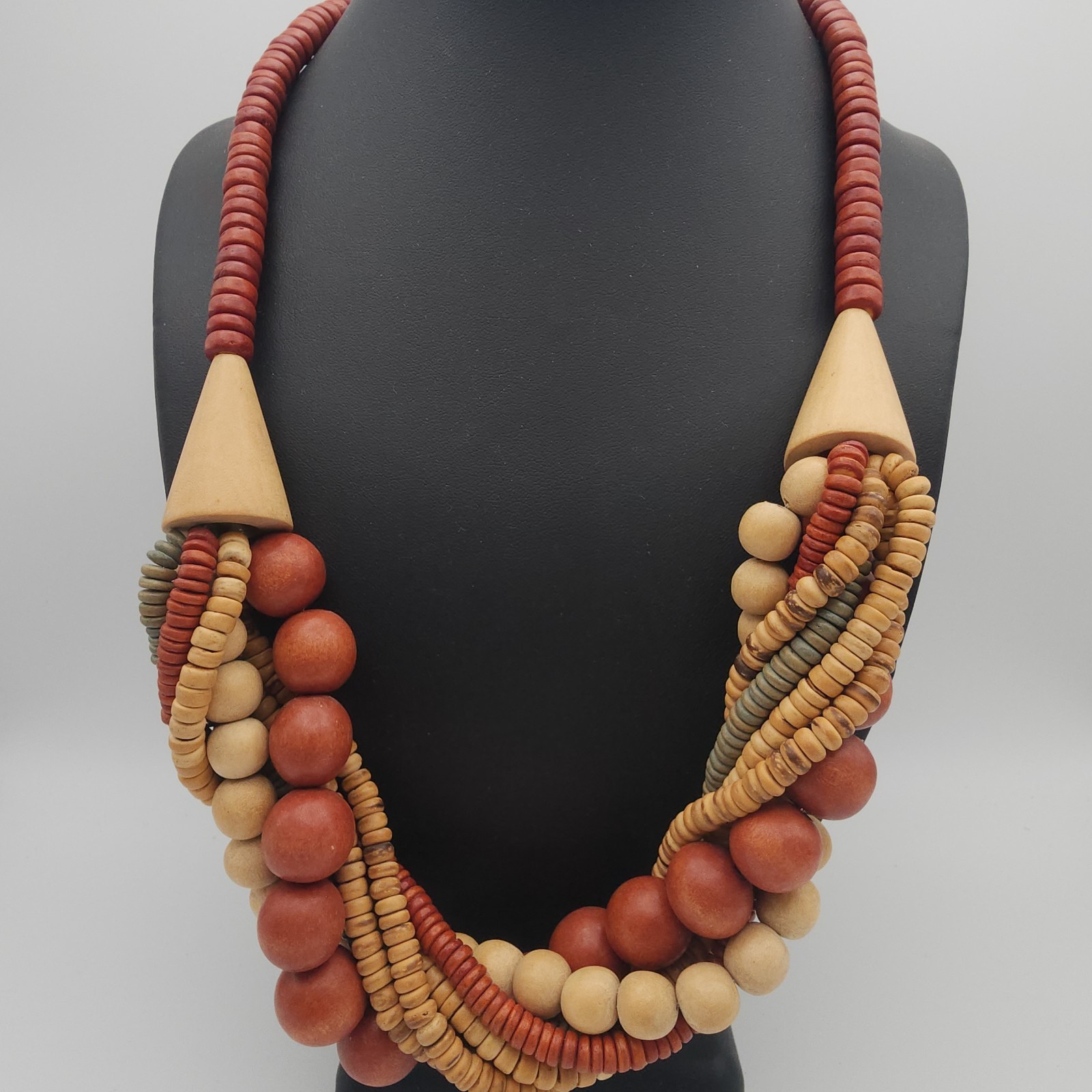 Chunky Multi Strand Wood Bead Statement Necklace Twisted Boho Red Brown Collar