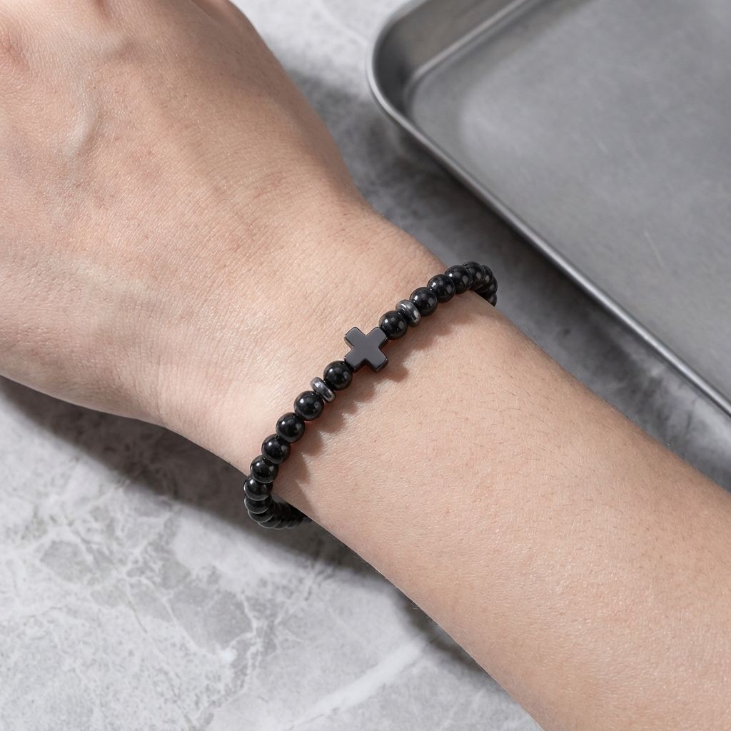 New Men’s Black Gallstone Cross Bracelet 4mm Volcanic Stone Red Turquoise Bracel