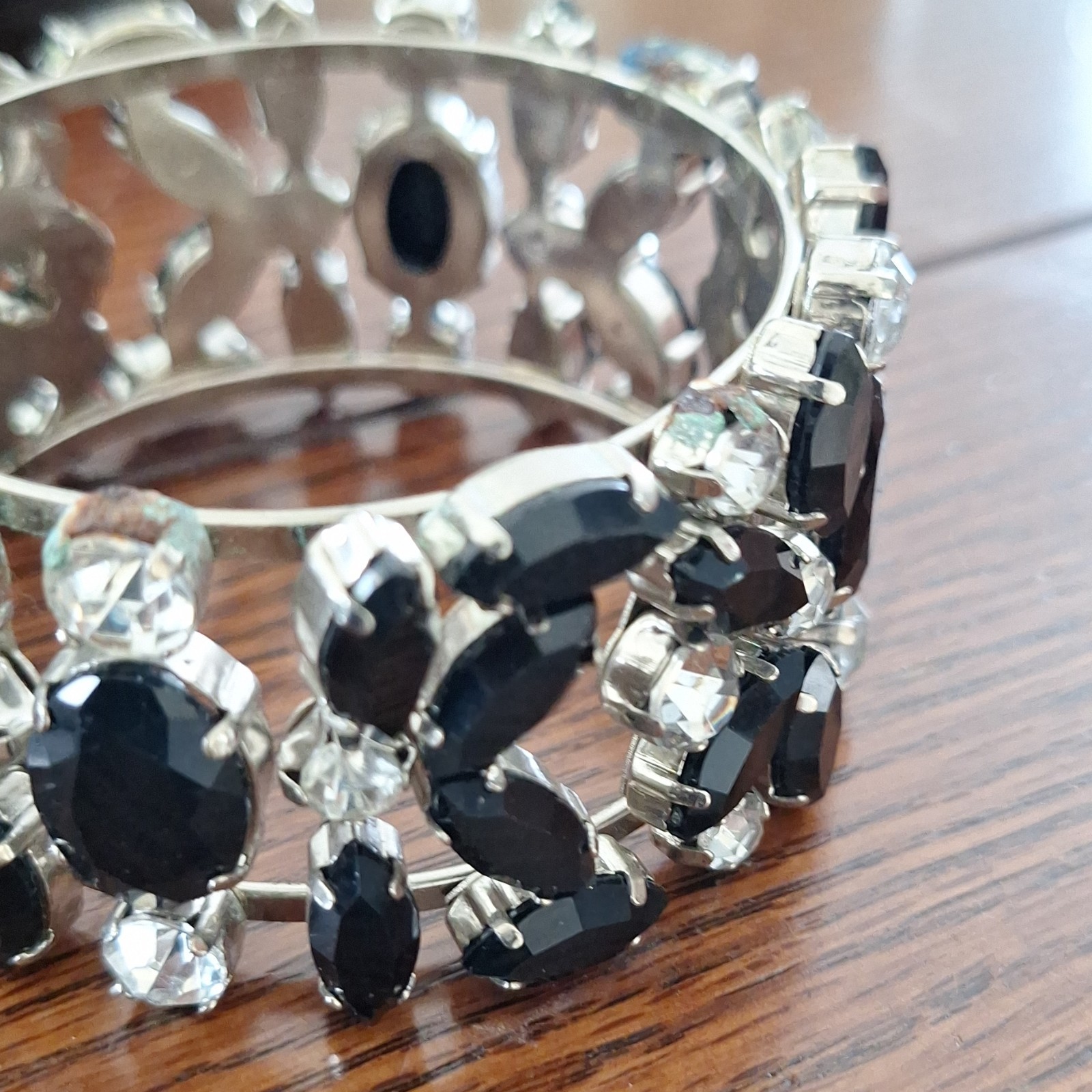 Vintage Black & Clear Rhinestone Silver-Tone Wide Cuff Bangle Bracelet.