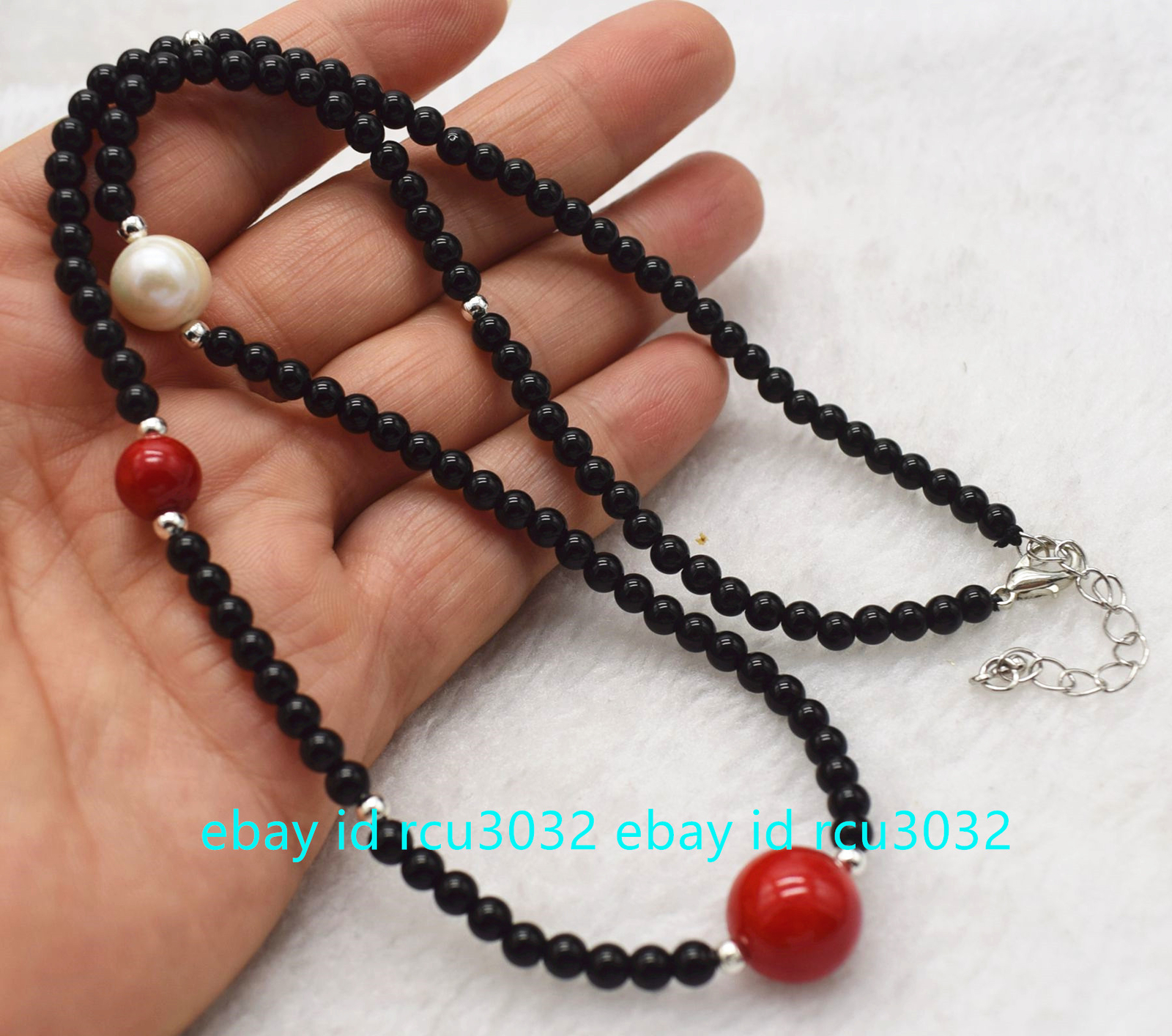 4mm Black Agate 10mm&12mm Red Coral 10-11mm White Pearl Round Beads Necklace 20″