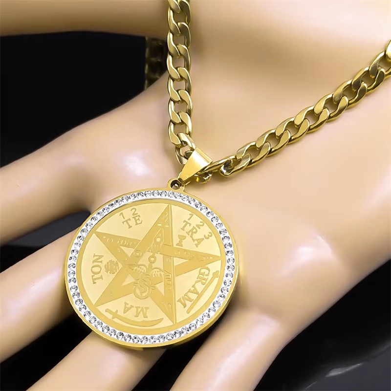 Tetragrammaton Hebrew Jewish Pentagram Necklace for Men Stainless Steel Crystal