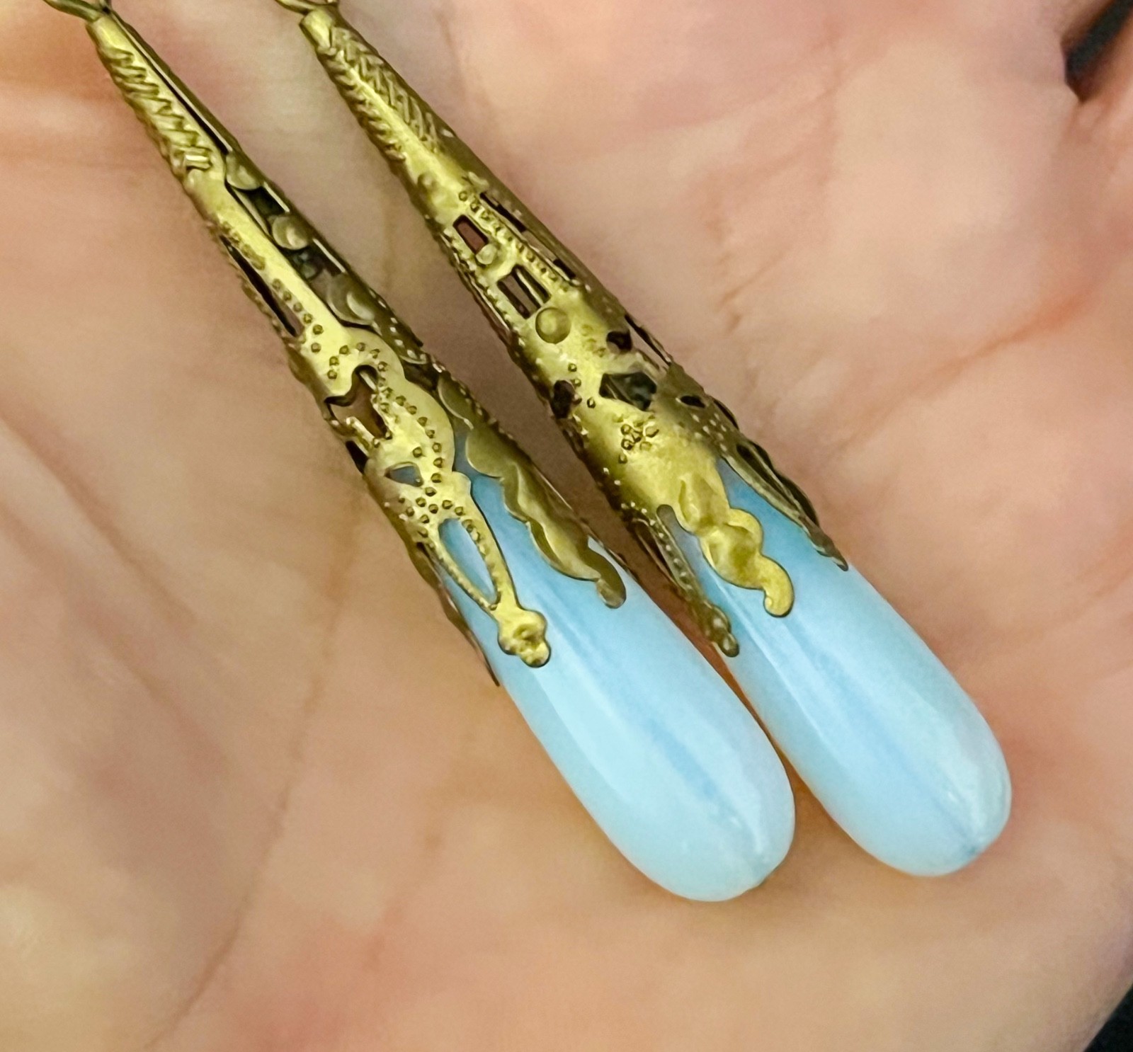 Opalite Earrings Long Filigree Glass Drops Art Nouveau Jewelry