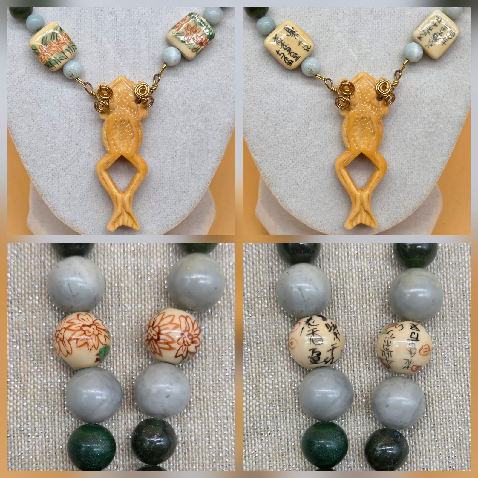 Carved Frog/Lizard/Alligator Reversible Jade/Agate Stone Necklace & Earrings